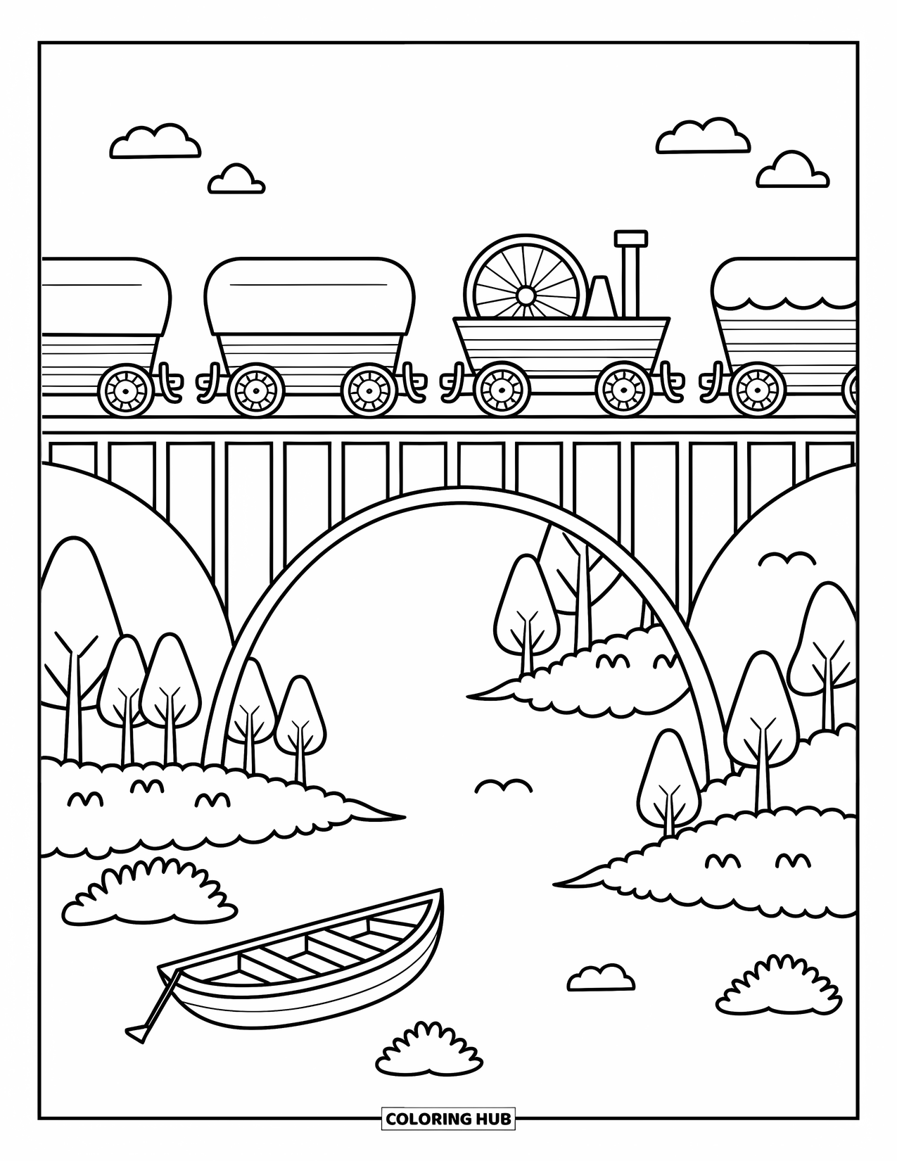 Freight Train Coloring Page for Adults: Freight cars roll over a high bridge above water, bushes, and a docked boat
