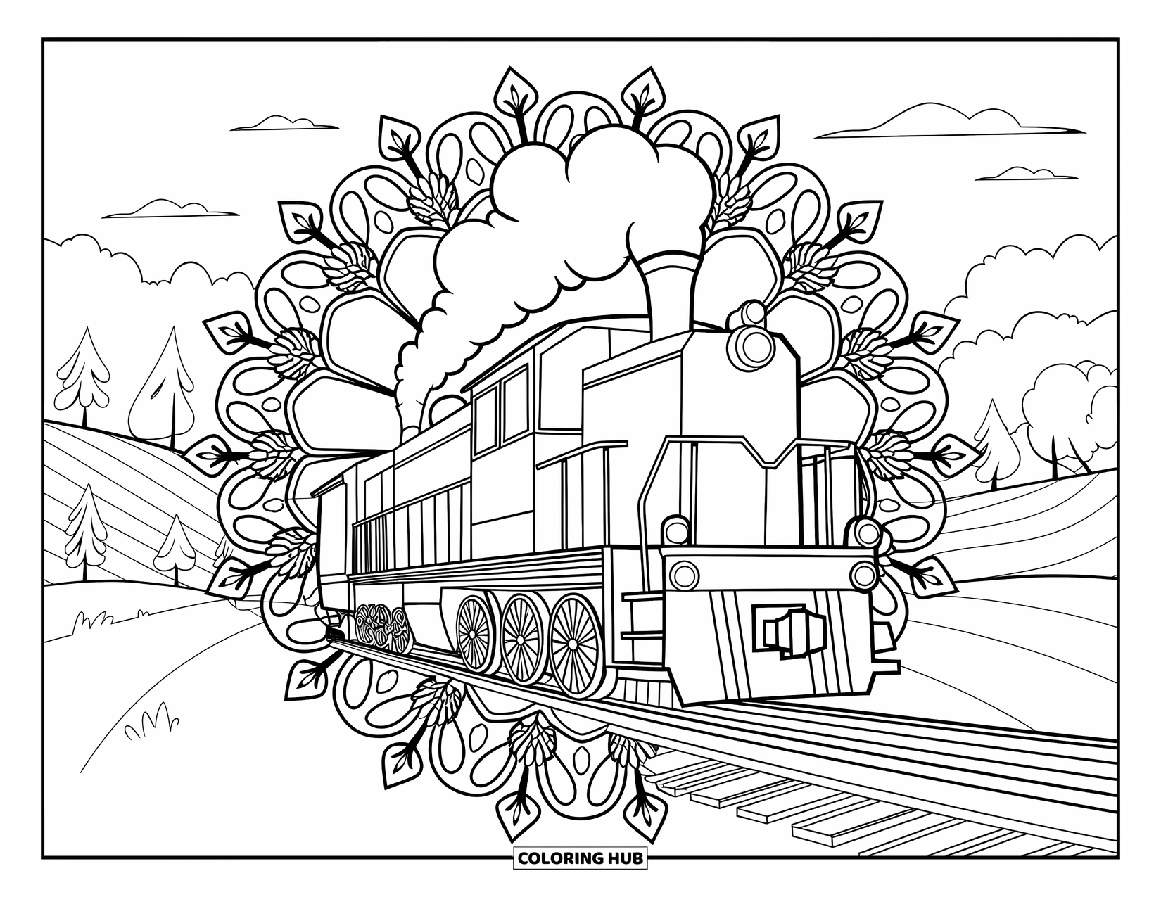 Freight Train Coloring Page for Adults: Freight engine with rising smoke is wrapped in a botanical mandala of thistle and clover