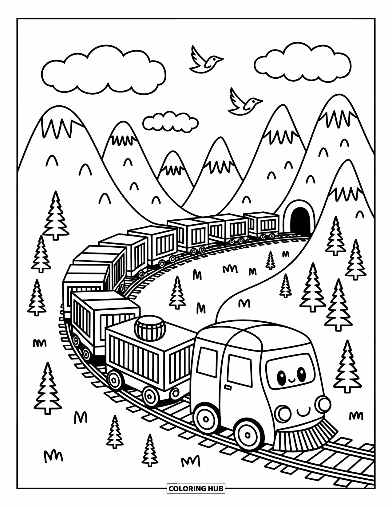 Freight Train Coloring Page for Adults: Freight train carries tiny cargo through winding mountains with clouds and flying birds