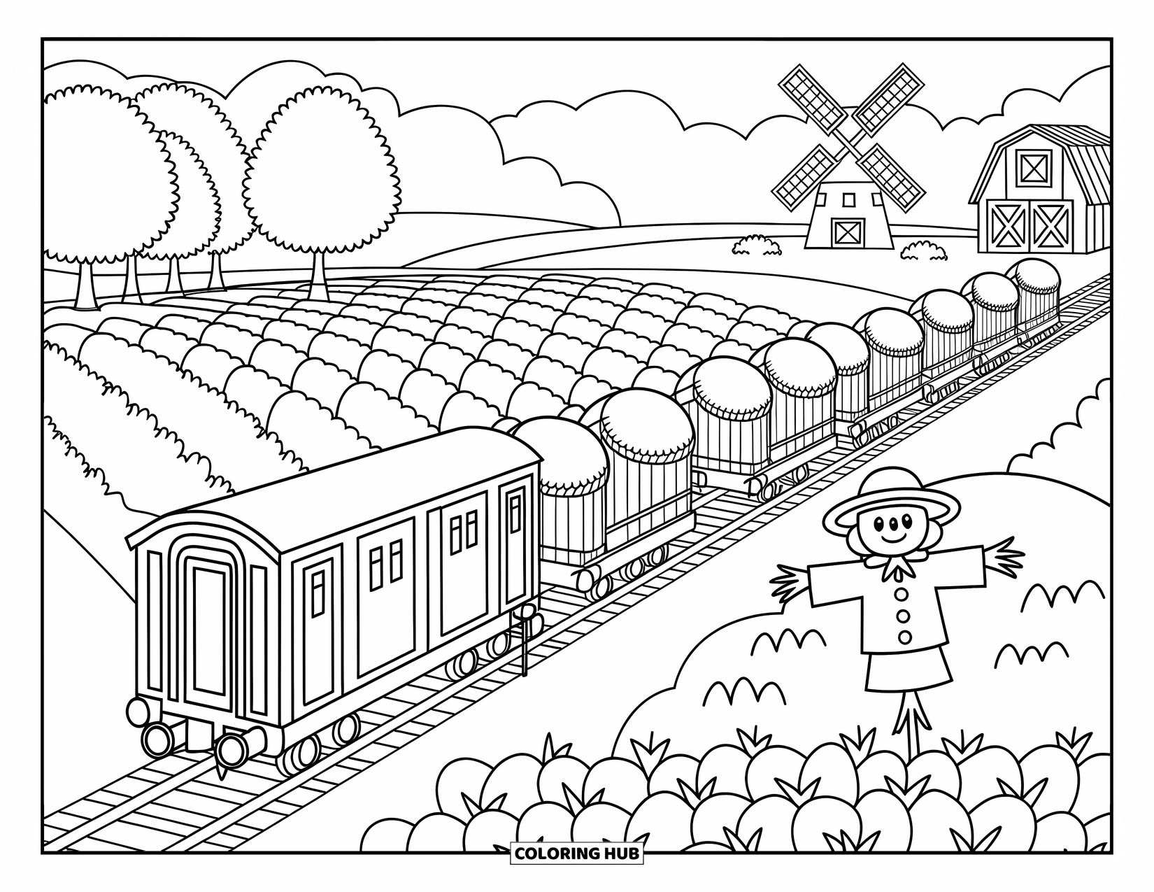 Freight Train Coloring Page for Adults: Freight train crosses farmland with cute hay bales, tidy rows, and a grinning scarecrow