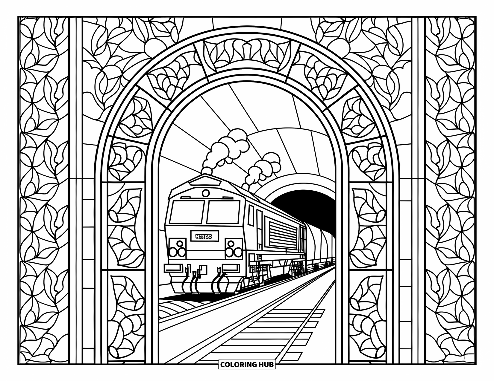 Freight Train Coloring Page for Adults: Freight train enters tunnel framed by stained glass arches filled with leafy patterns