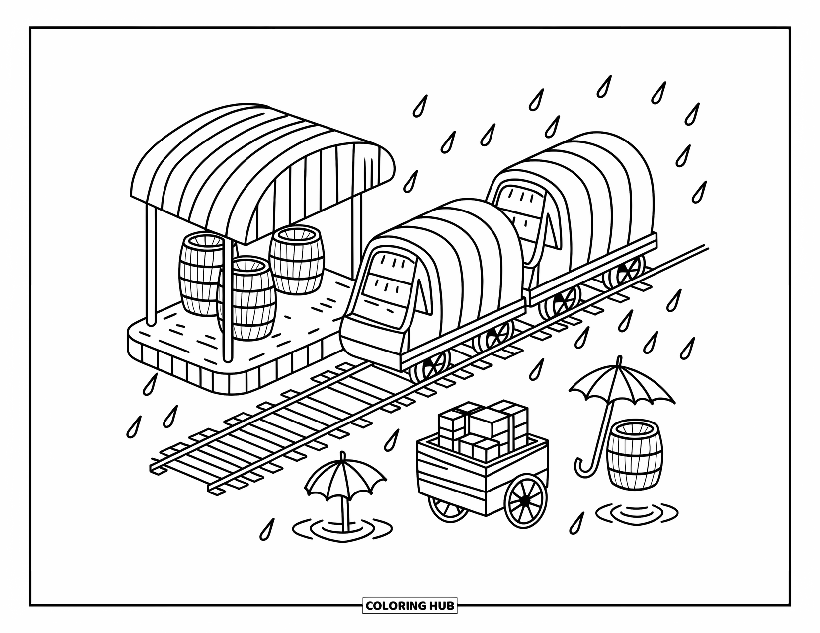 Freight Train Coloring Page for Adults: Freight train rests at a cozy station with crates, parcels, and umbrellas in the rain