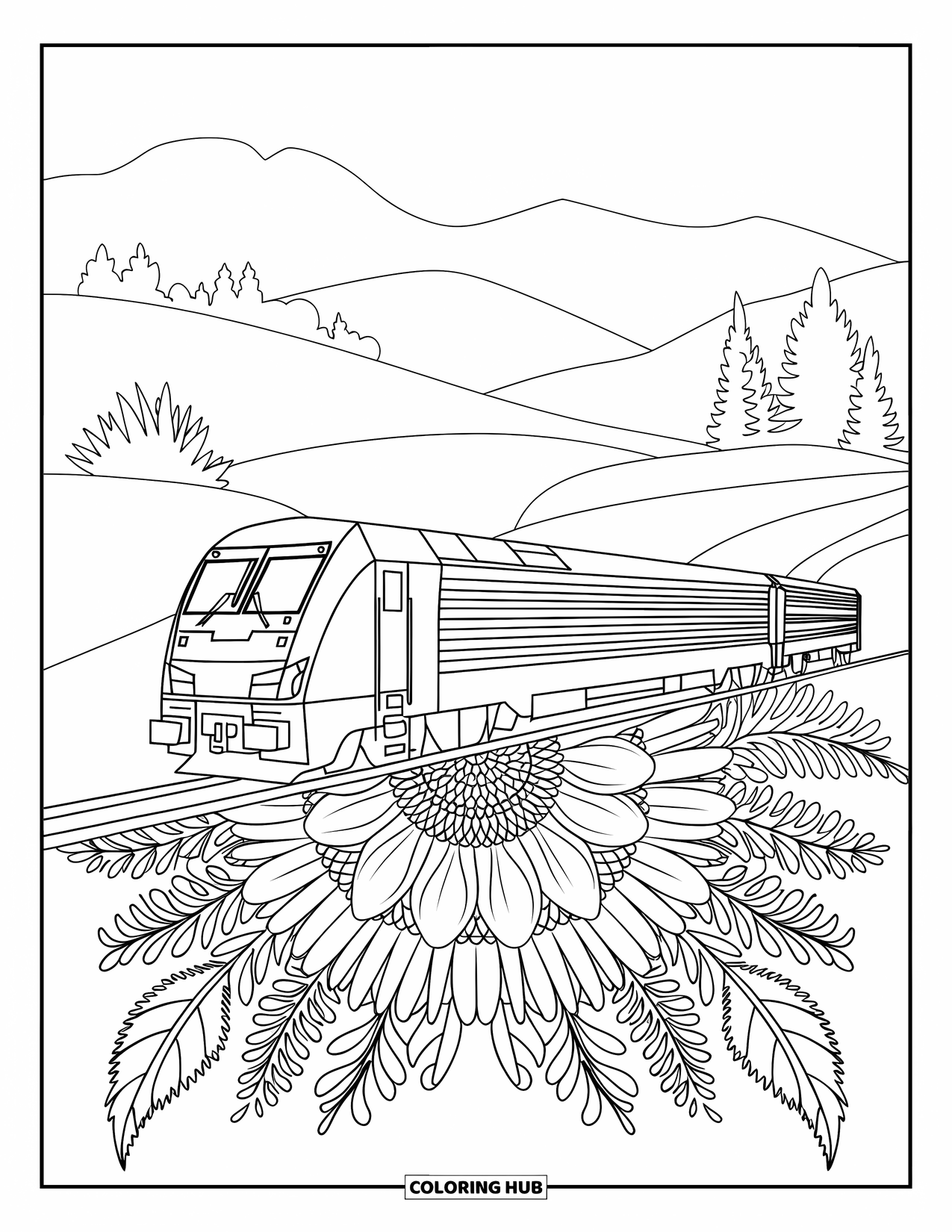 Freight Train Coloring Page for Adults: Freight train with open cars is surrounded by a floral mandala and countryside hills
