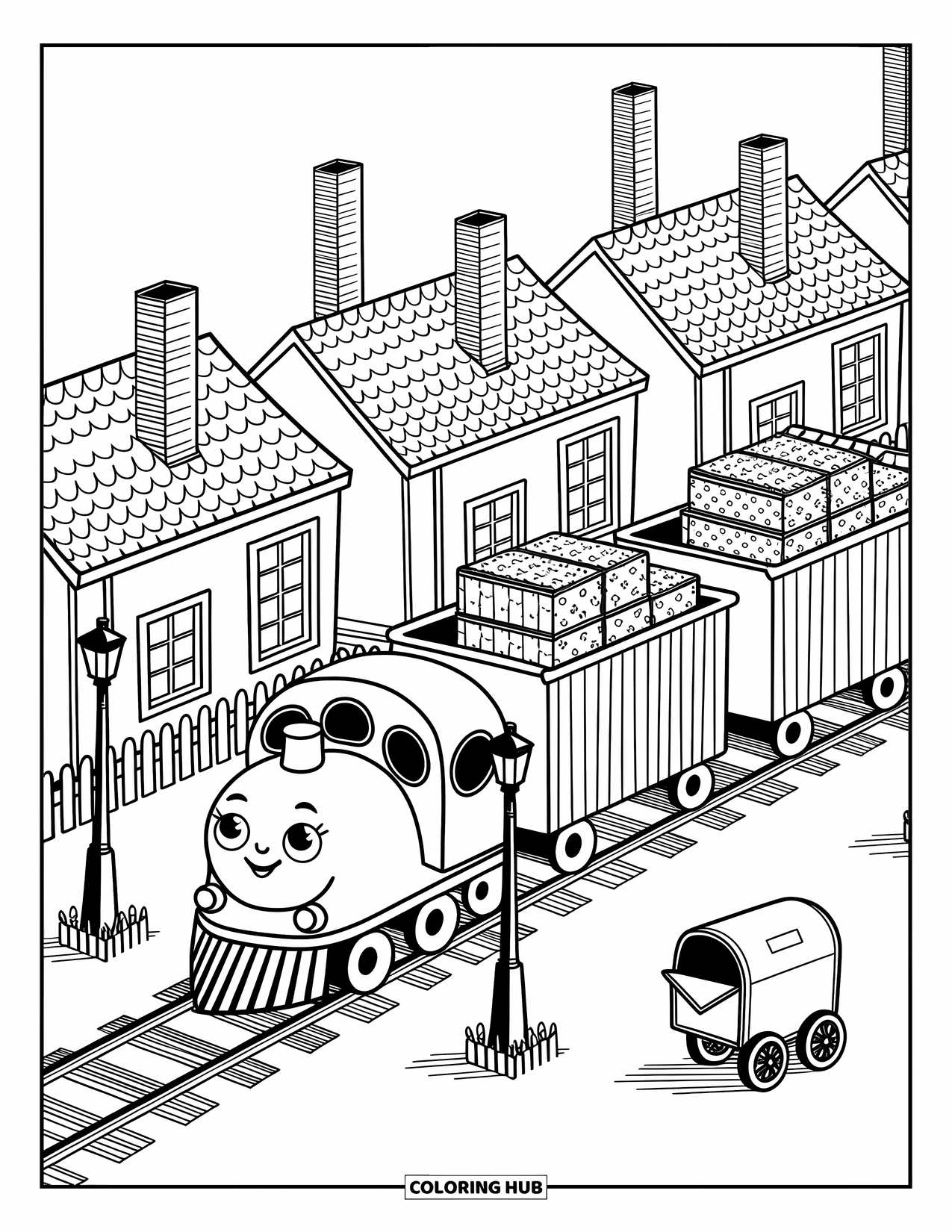 Freight Train Coloring Page for Adults: Freight train with patterned cars passes cozy houses and a playful mail cart