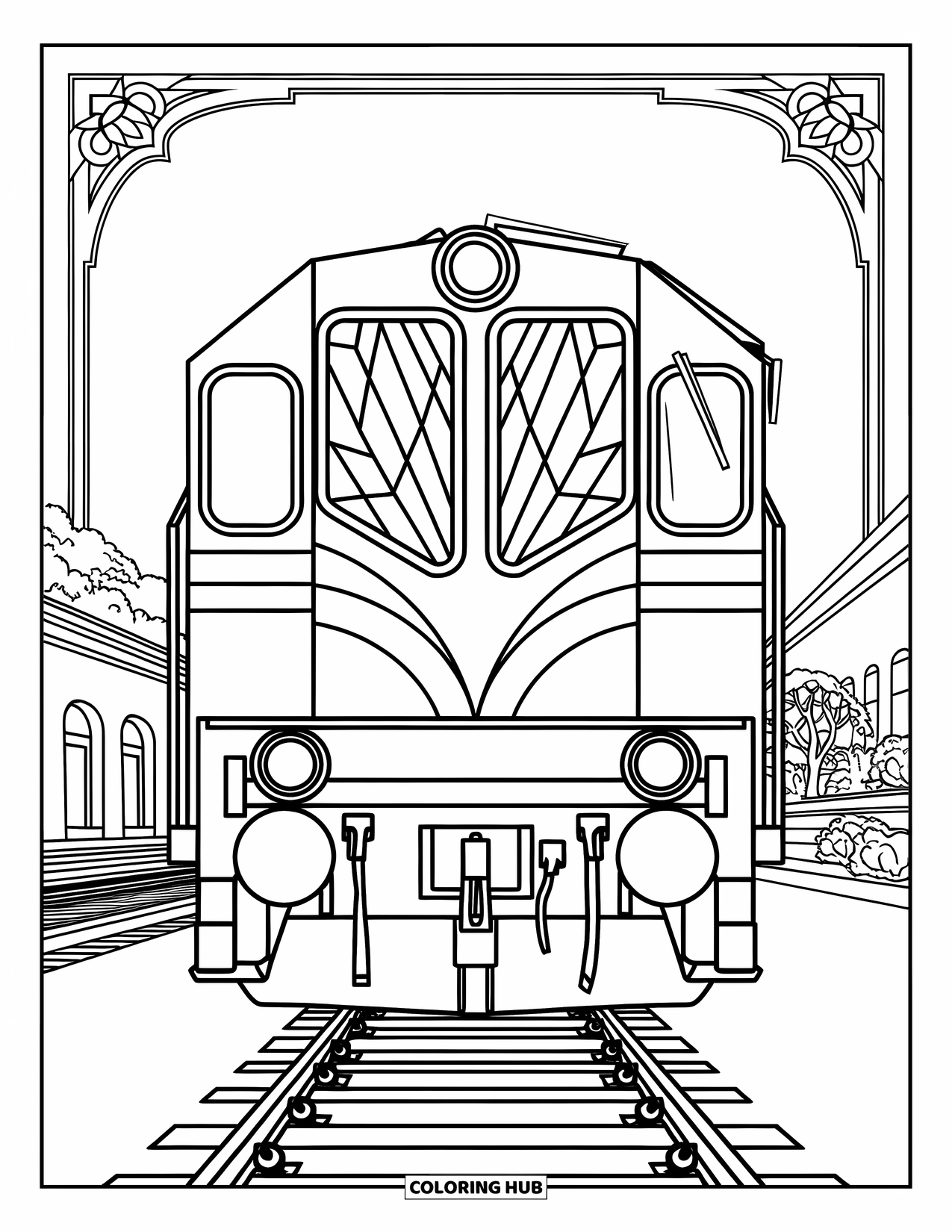 Freight Train Coloring Page for Adults: Front-facing freight train sits within a geometric stained glass border