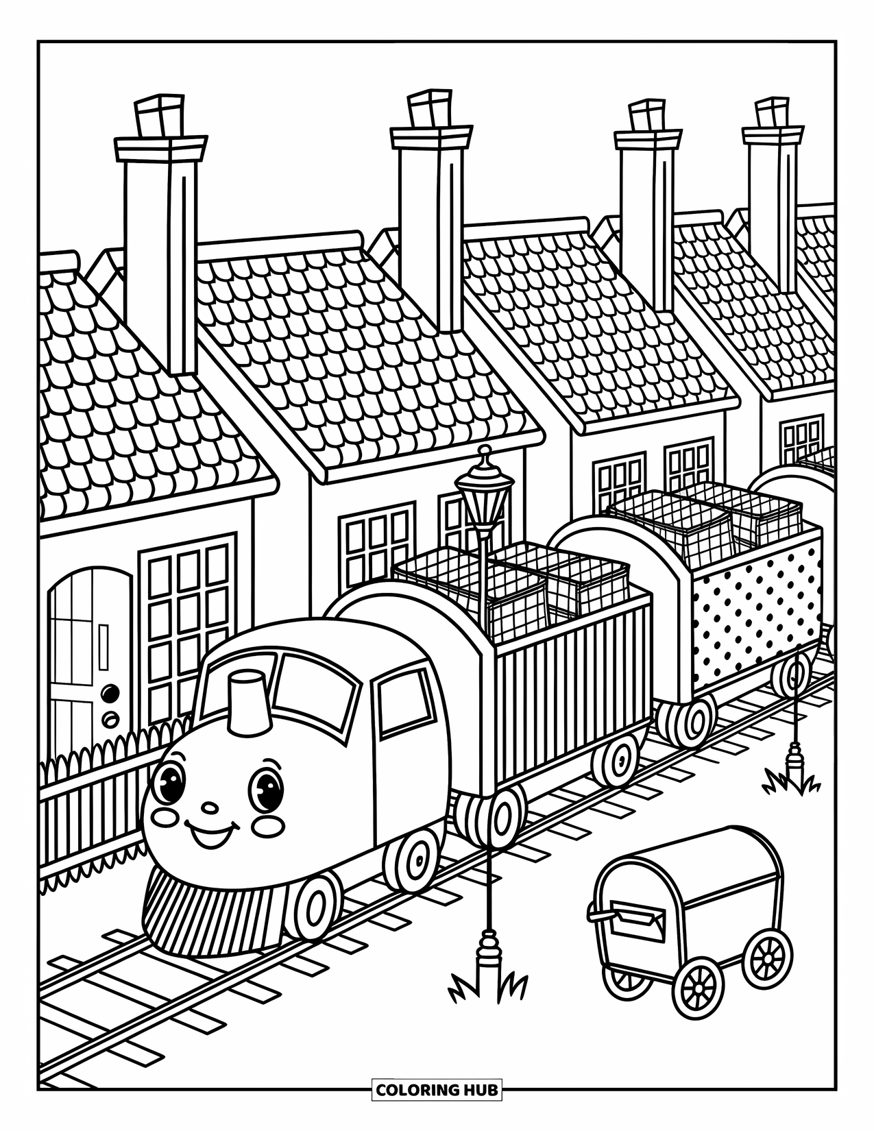 Freight Train Coloring Page for Adults: Patterned train moves past shingled roofs, picket fences, and a tiny mail cart