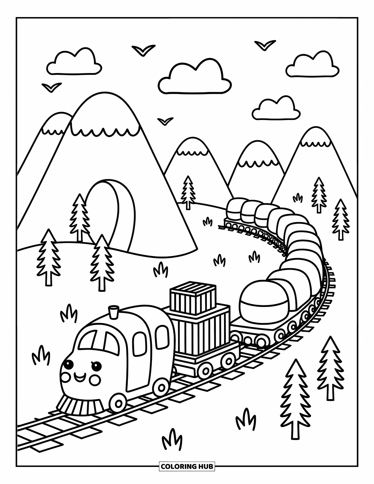 Freight Train Coloring Page for Adults: Train climbs a looping path past cloud-capped hills, trees, and a distant tunnel