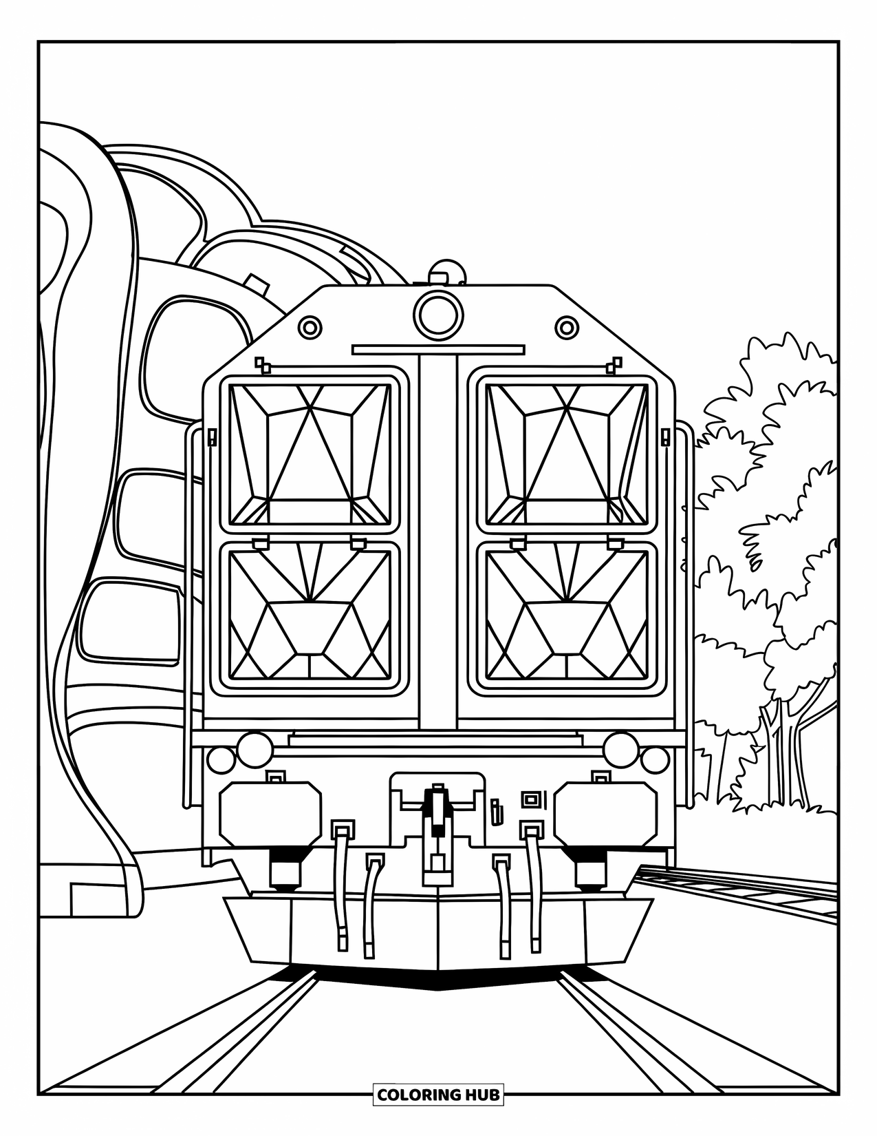 Freight Train Coloring Page for Adults: Train engine is framed by bold, stained glass panels and trees in the distance