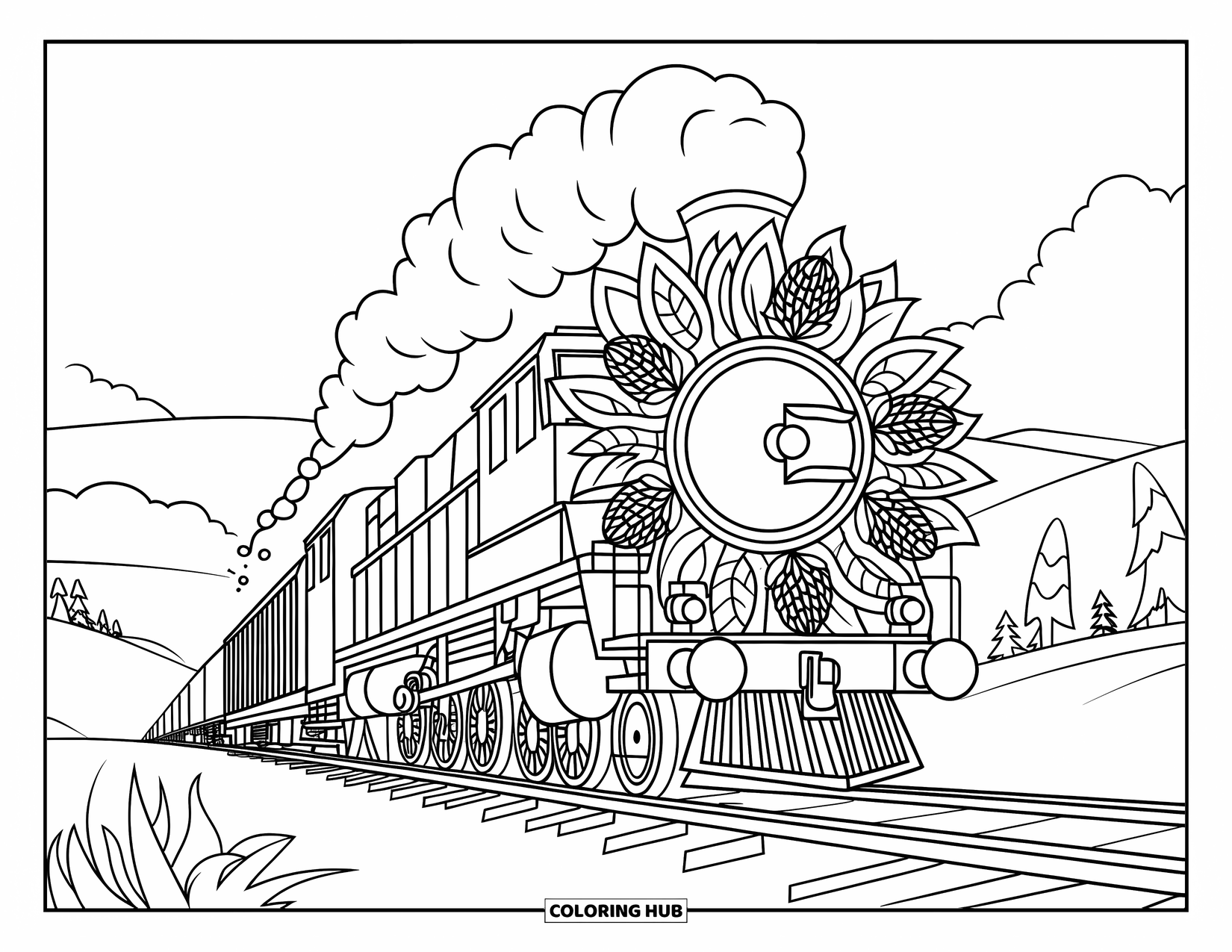 Freight Train Coloring Page for Adults: Train engine with smoke is surrounded by a mandala and a peaceful nature view