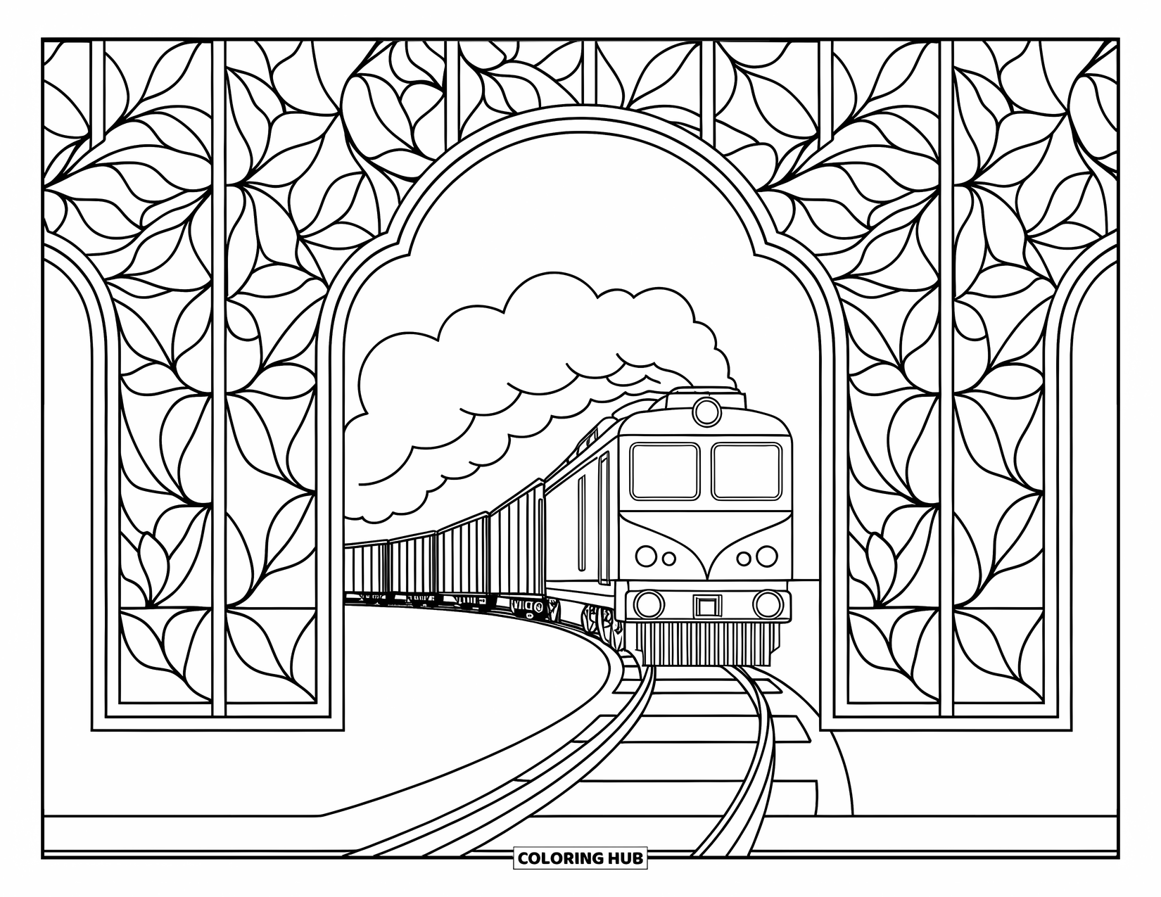 Freight Train Coloring Page for Adults: Train enters a tunnel wrapped in stained glass arches with leafy mandala designs