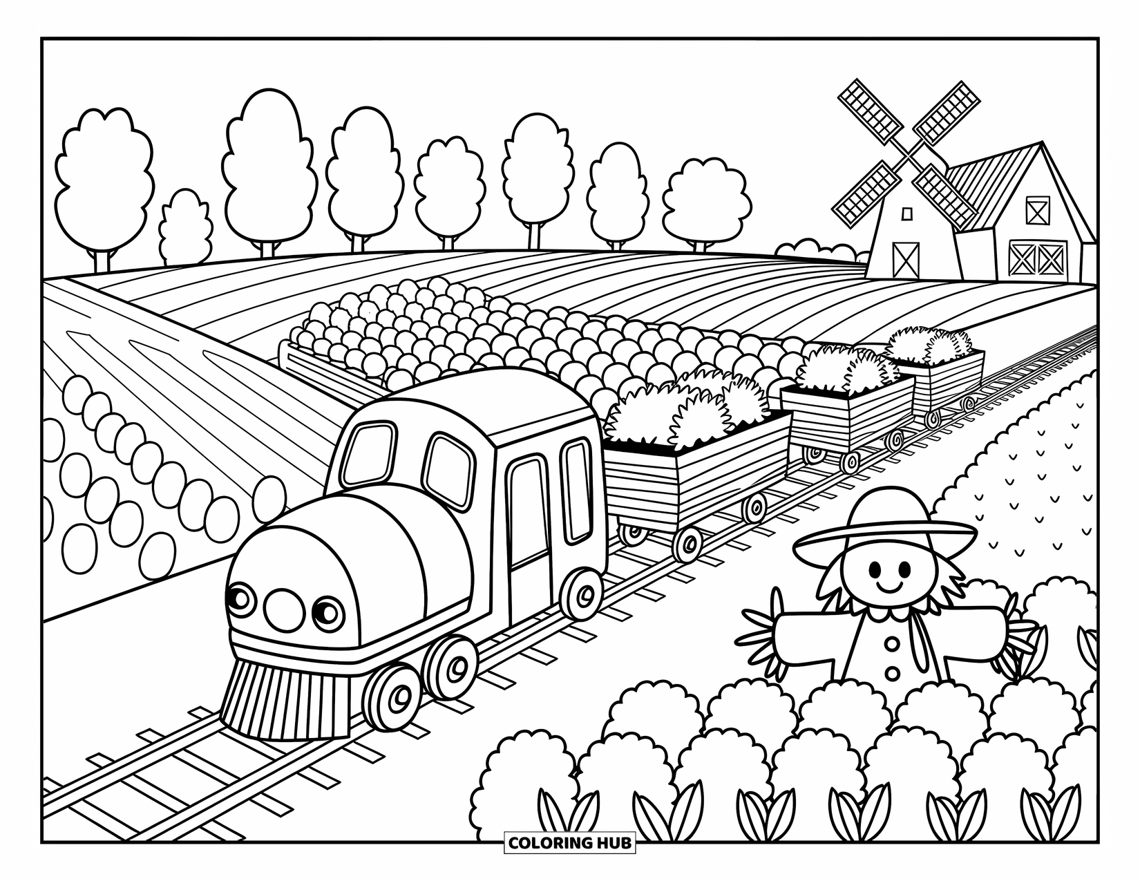 Freight Train Coloring Page for Adults: Train hauls hay bales and barrels past fields, a barn, and a smiling scarecrow