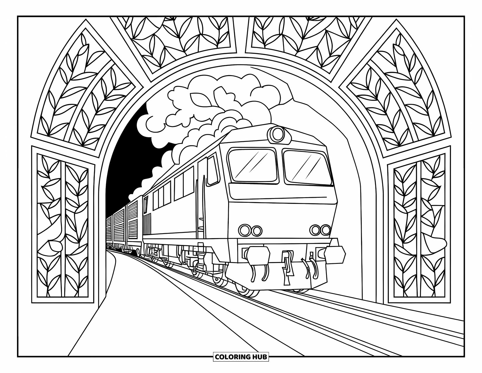 Freight Train Coloring Page for Adults: Train steams into a tunnel with floral stained glass arches above