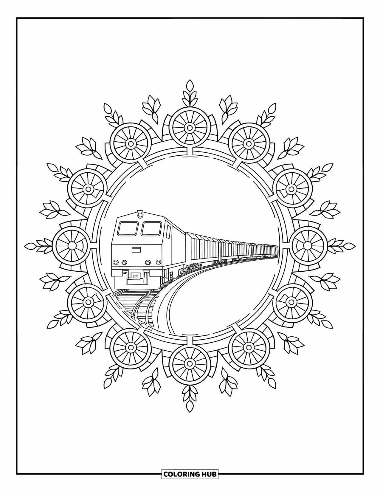 Freight Train Coloring Page for Adults: Train winds through a mechanical-floral mandala with gears and leaves all around