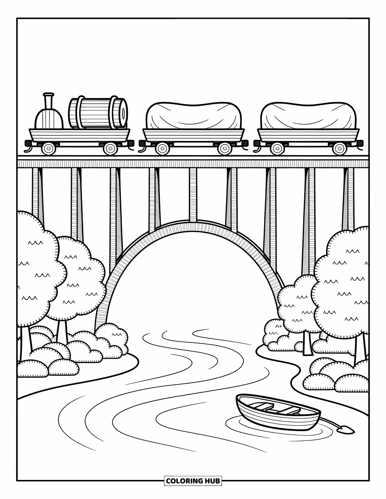 Freight Train Coloring Page for Adults: Train with covered loads glides over a tall bridge above a peaceful river