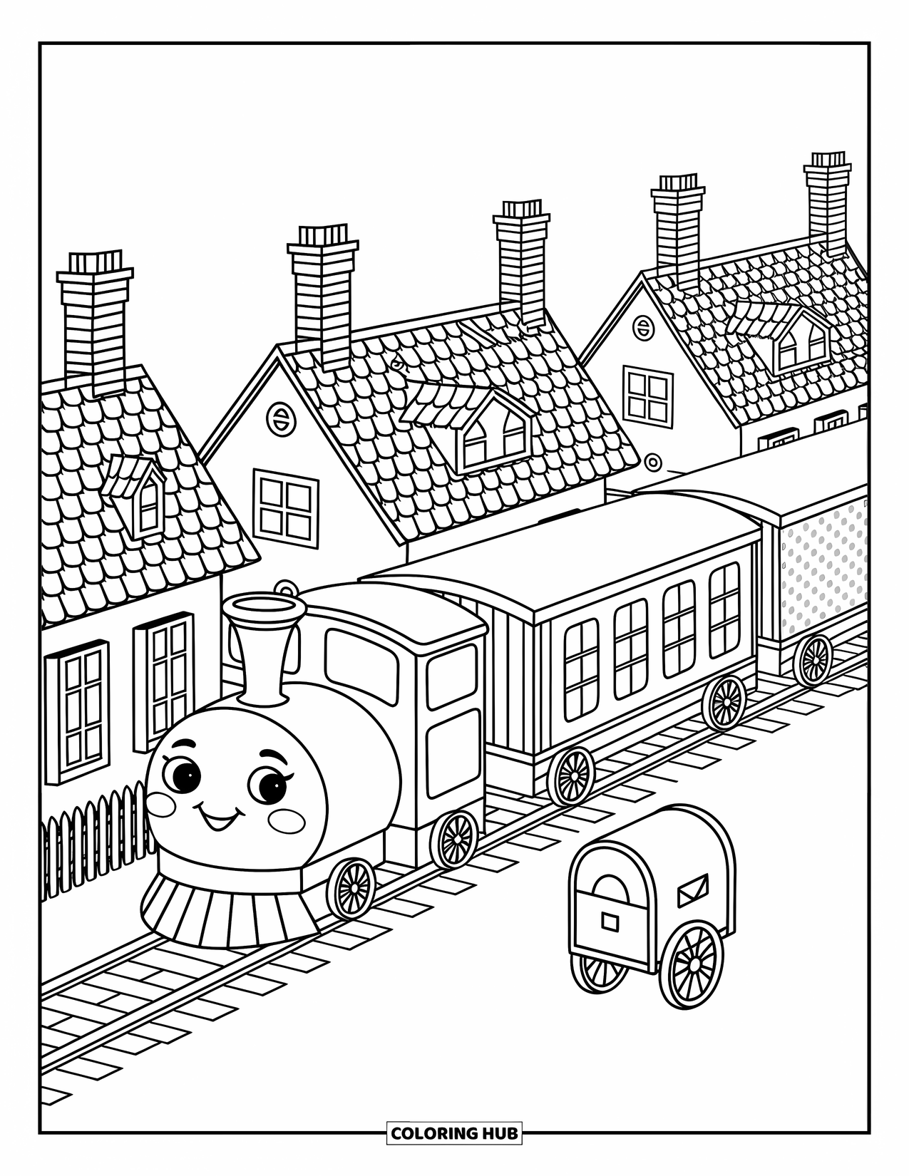 Freight Train Coloring Page for Adults: Train with striped, checked, and dotted cars rolls past charming homes and lampposts