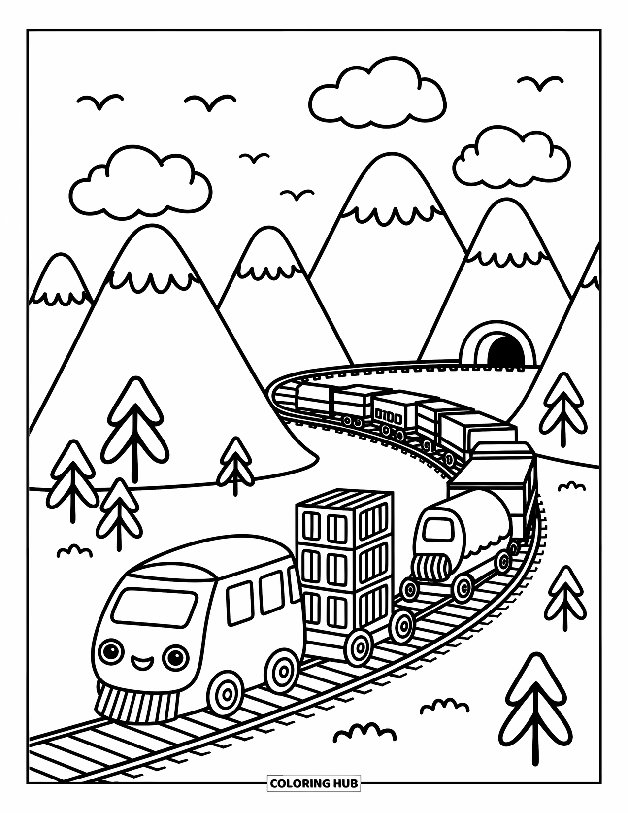 Freight Train Coloring Page for Adults: Train with tiny cargo rolls through curved mountain trails with clouds and chirping birds