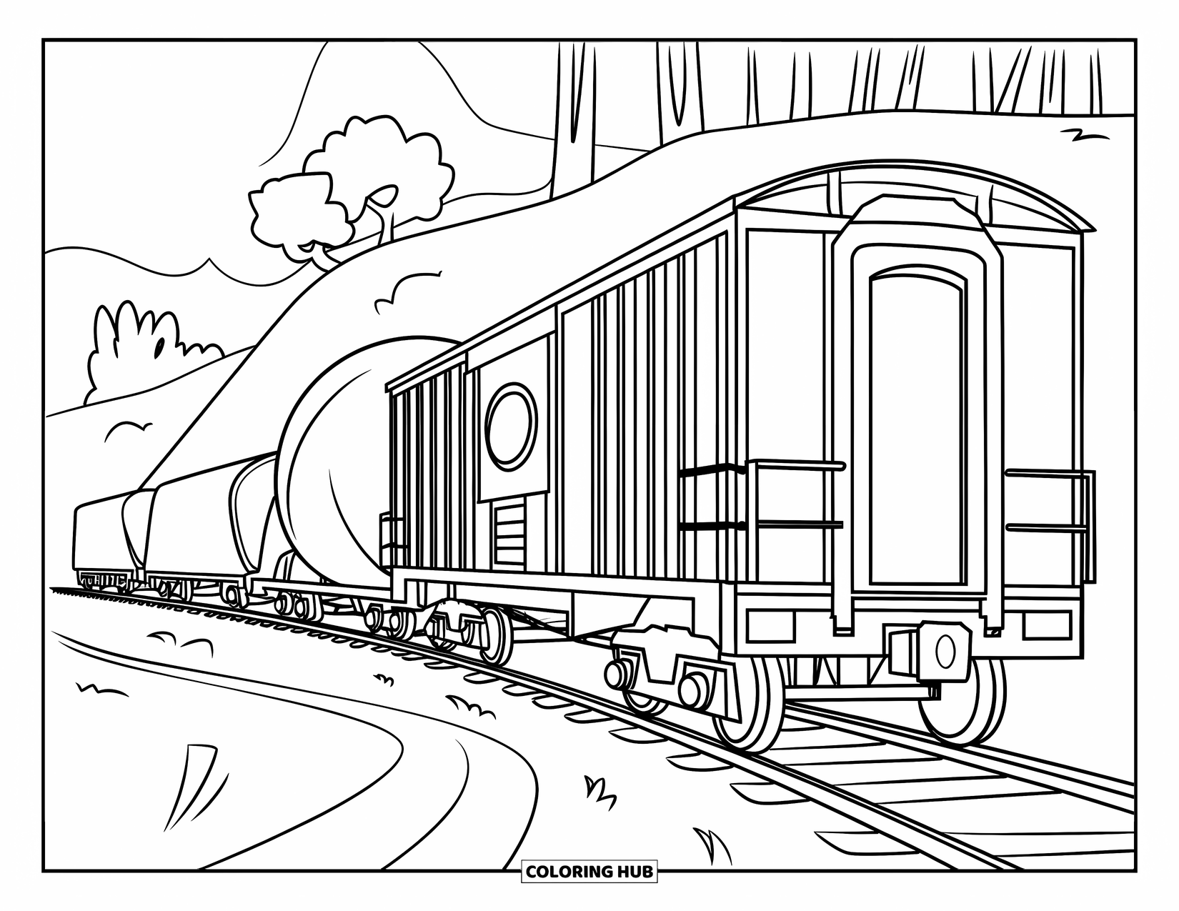 Freight Train Coloring Page for Kids: Boxcar train passes a hill, carrying a large round object