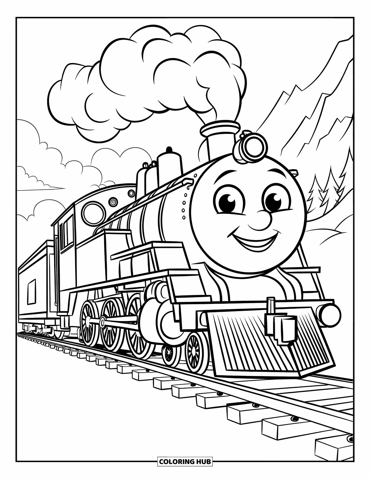 Freight Train Coloring Page for Kids: Cheerful engine with big wheels steams past trees and mountains