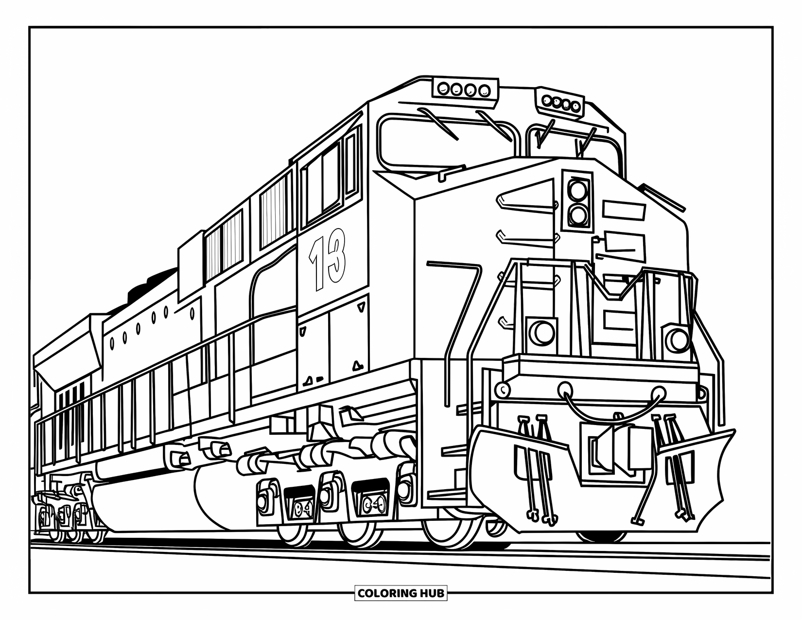 Freight Train Coloring Page for Kids: Close-up view of a freight engine showing grills and wheels