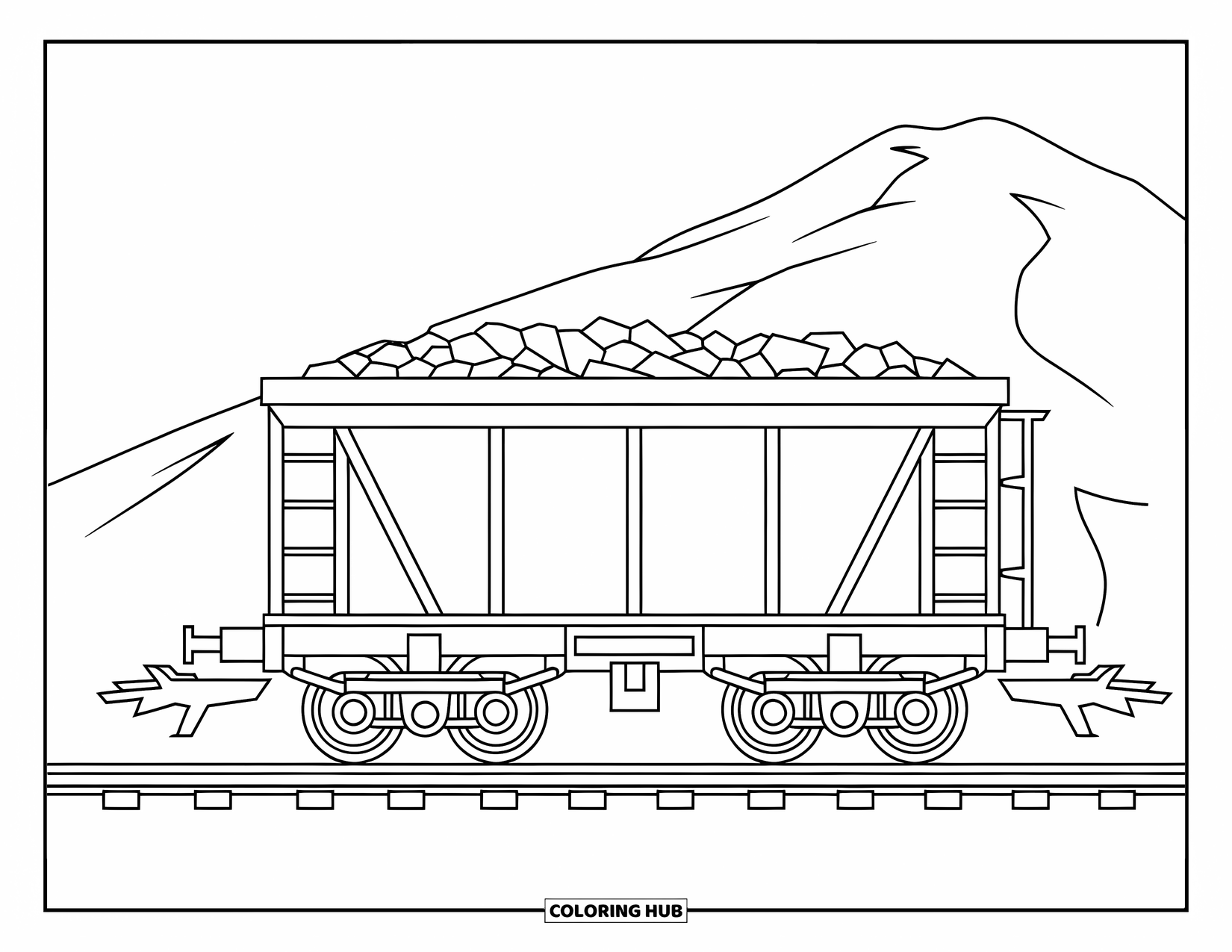 Freight Train Coloring Page for Kids: Coal car on tracks with mountain view behind