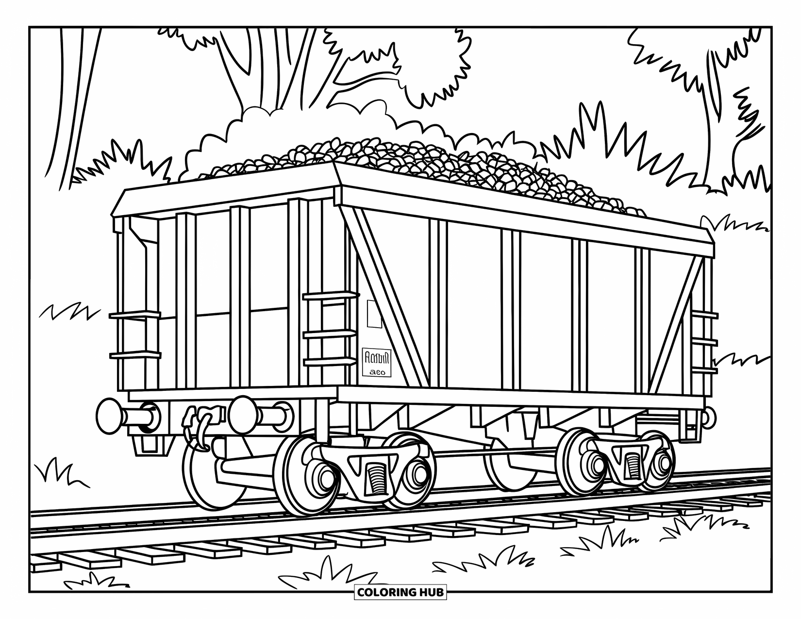 Freight Train Coloring Page for Kids: Coal car surrounded by grass and trees
