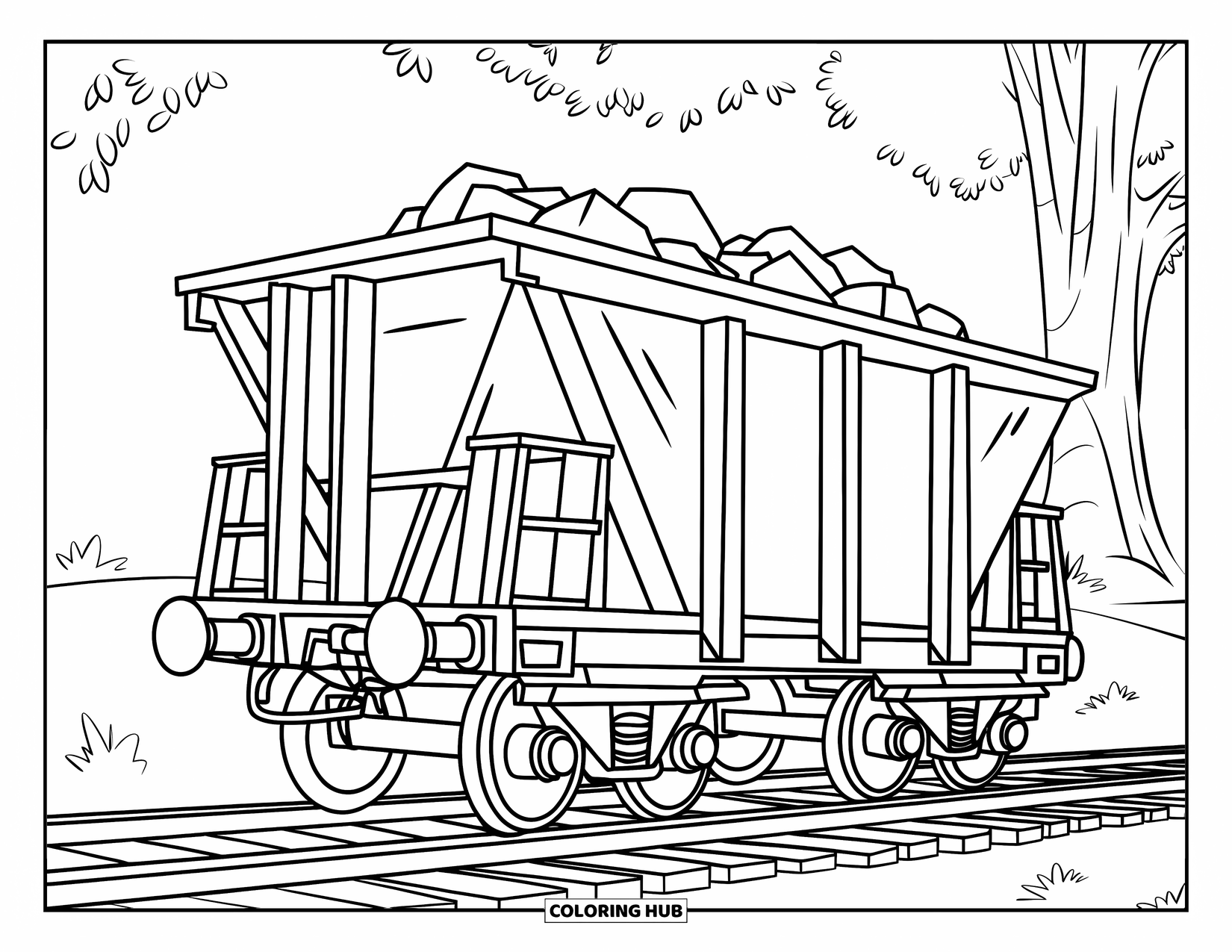 Freight Train Coloring Page for Kids: Coal freight car rests on track near grassy field