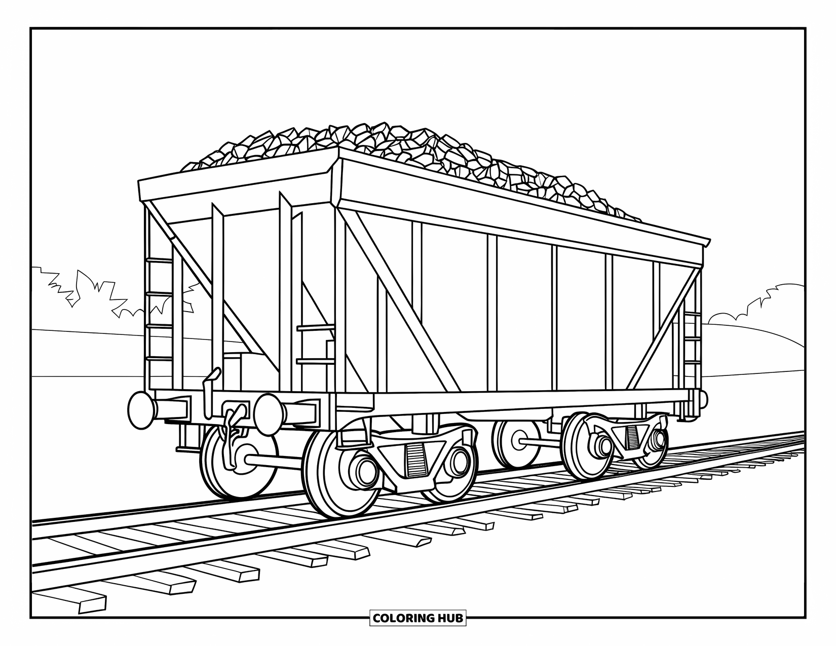 Freight Train Coloring Page for Kids: Coal freight car sits on track near trees