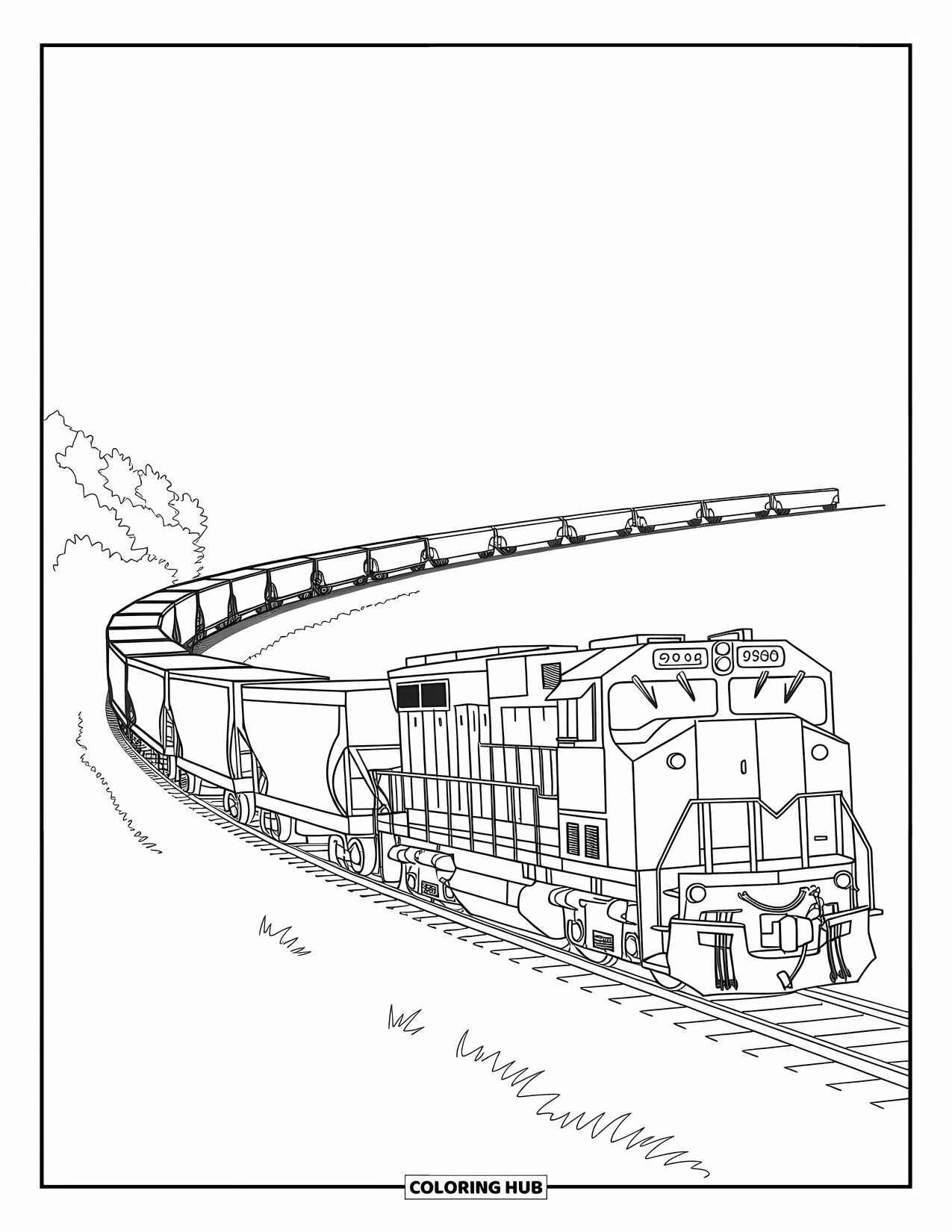 Freight Train Coloring Page for Kids: Curving train with varied cars moves through grassy landscape
