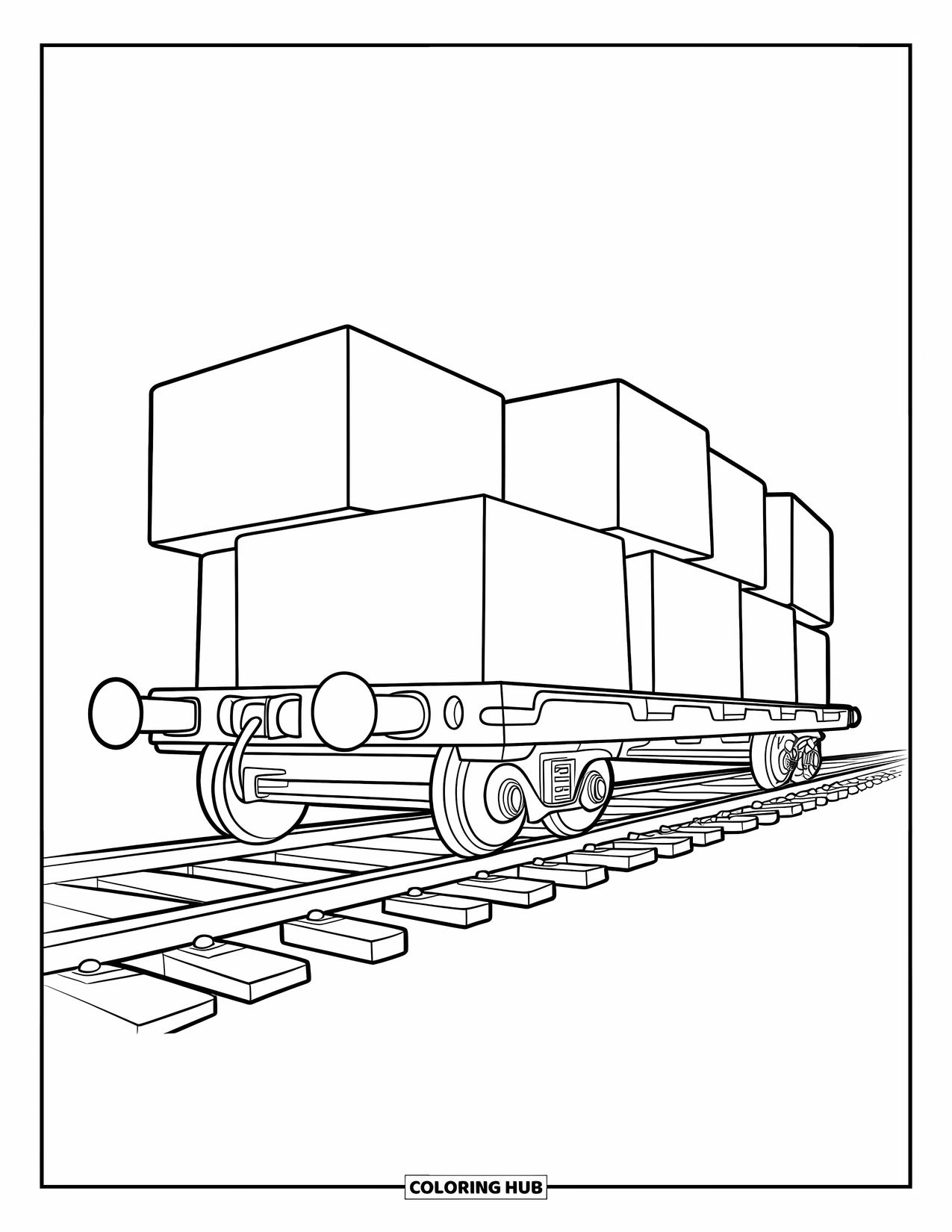 Freight Train Coloring Page for Kids: Flatbed car carries large blocks on a clear and open track