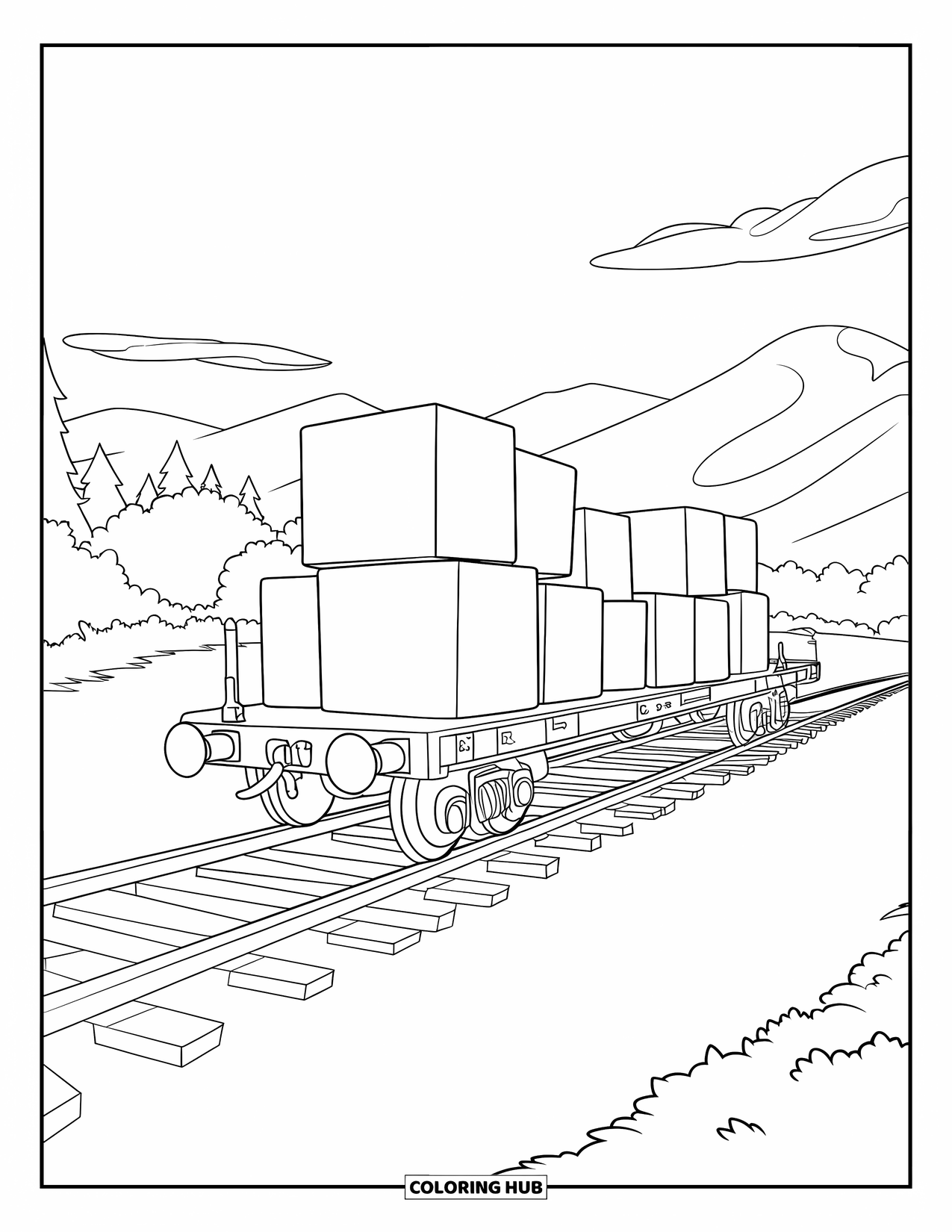 Freight Train Coloring Page for Kids: Freight car with blocks rides a wide track across open fields