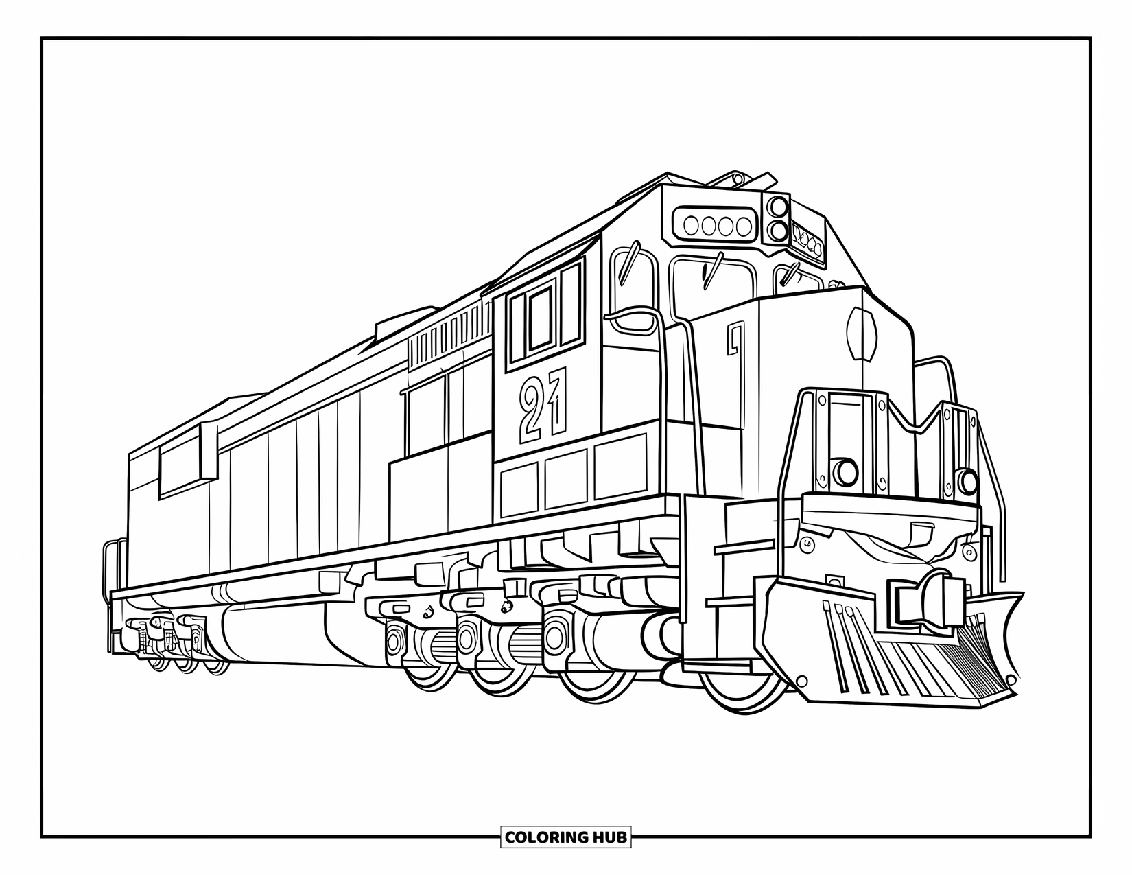 Freight Train Coloring Page for Kids: Freight engine with vents and grills rolls along with bold outlines