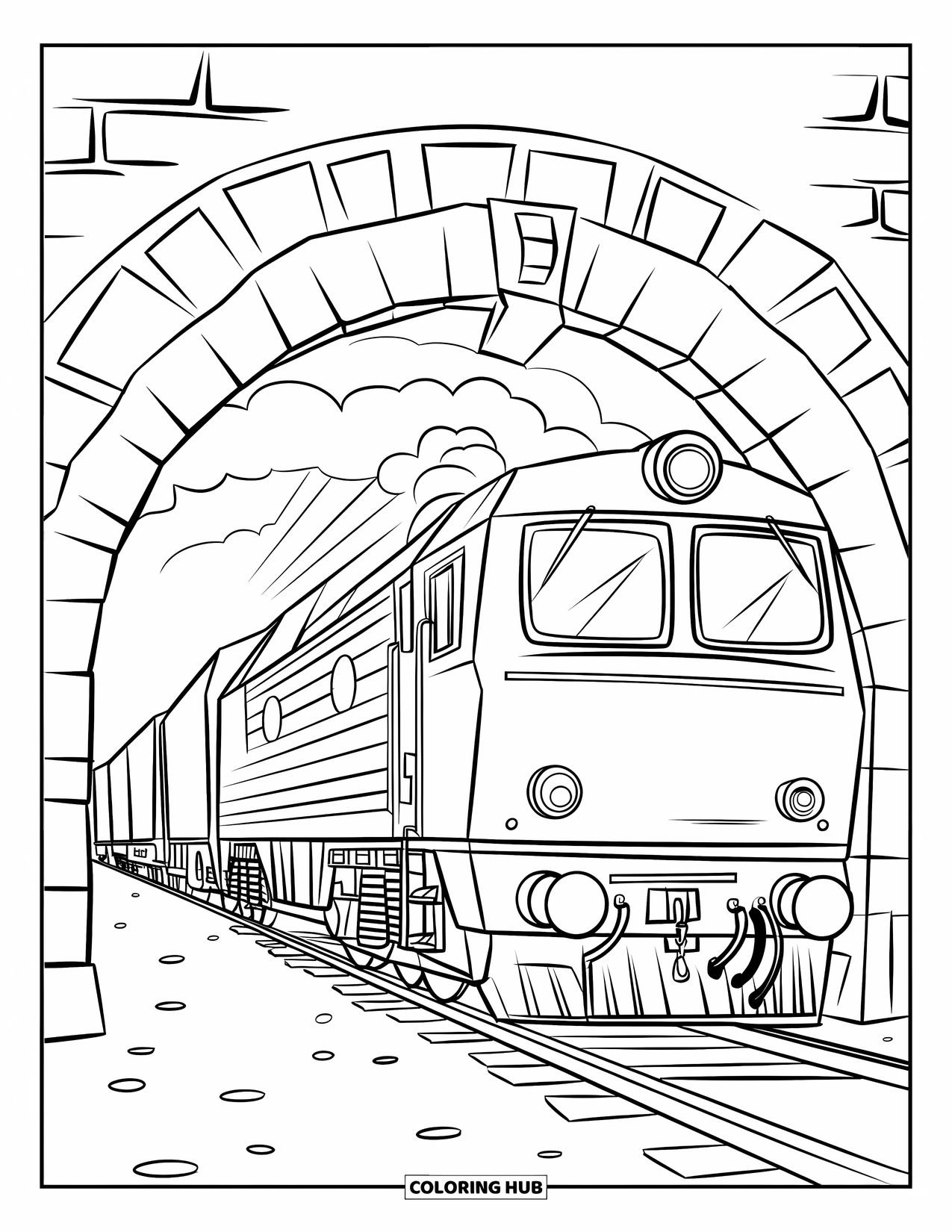 Freight Train Coloring Page for Kids: Freight train bursts from a tunnel into open scenery