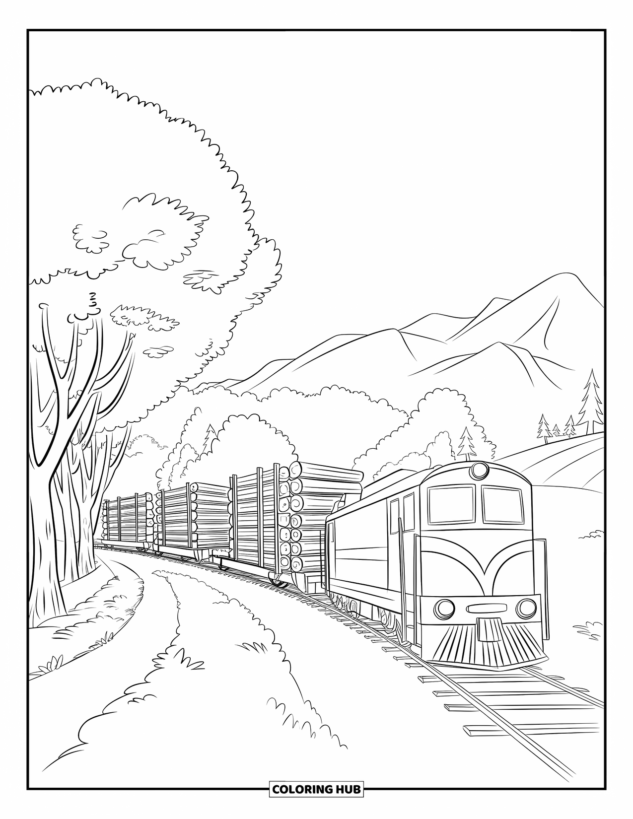 Freight Train Coloring Page for Kids: Freight train carries logs past trees with mountains far behind