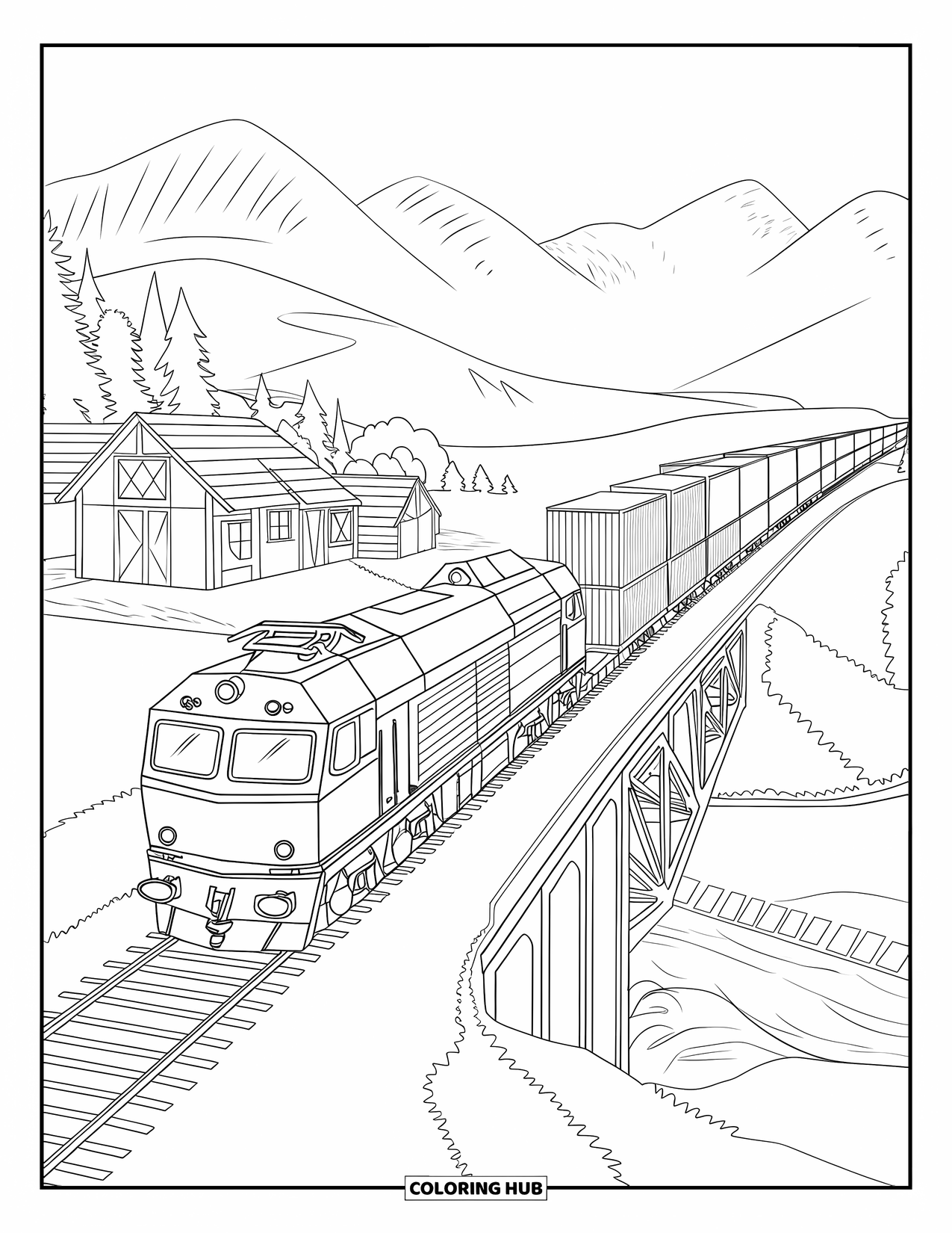 Freight Train Coloring Page for Kids: Freight train crosses a bridge near a mountain village