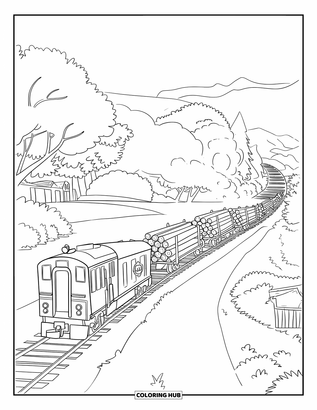 Freight Train Coloring Page for Kids: Freight train hauls logs through a countryside path with trees and distant buildings