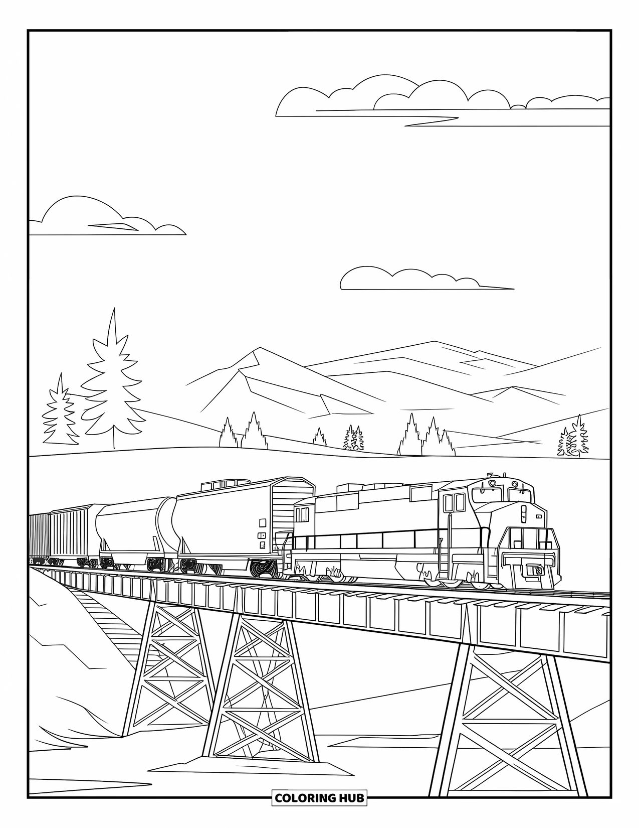 Freight Train Coloring Page for Kids: Freight train rolls over bridge with varied cars and mountain views