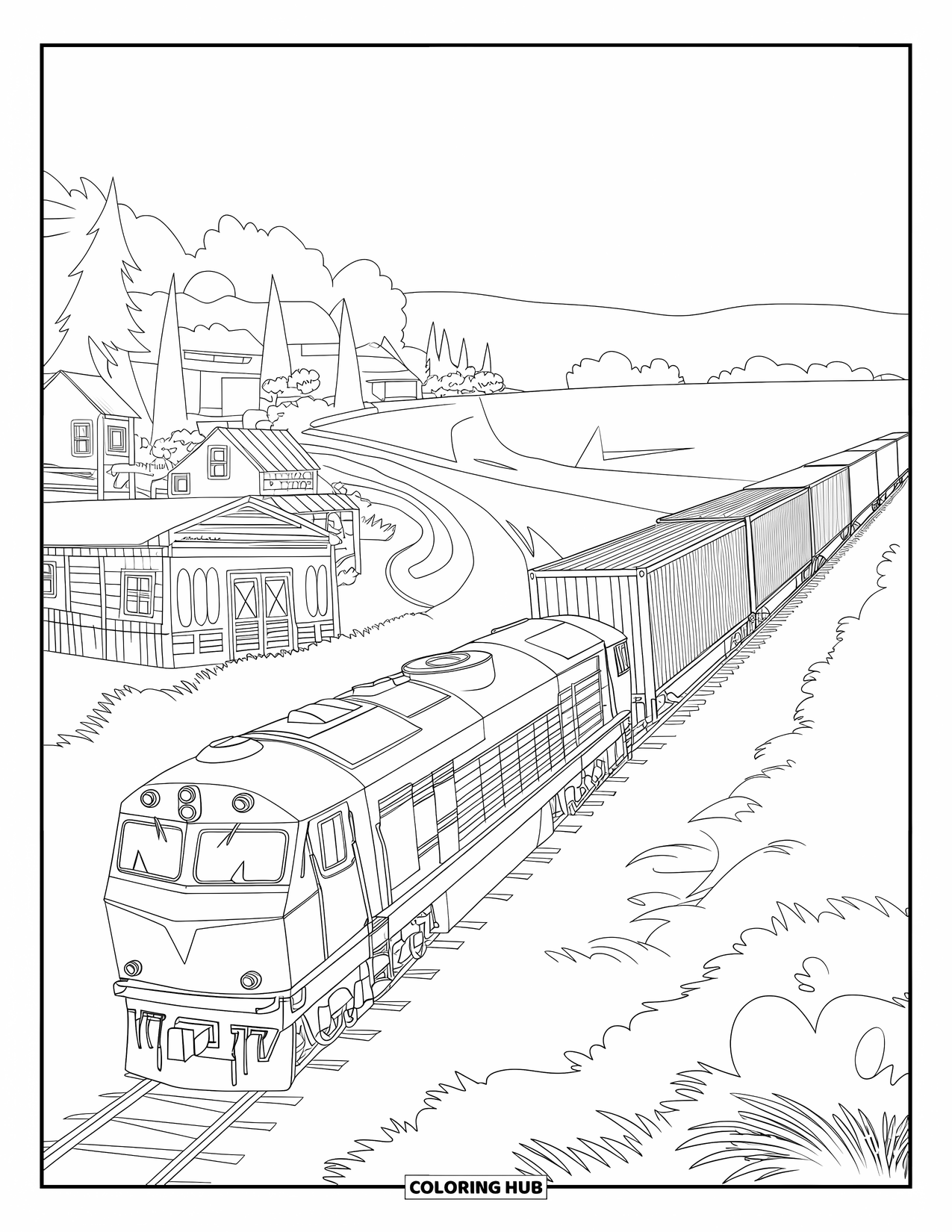 Freight Train Coloring Page for Kids: Freight train rolls through a quiet village with stacked cargo