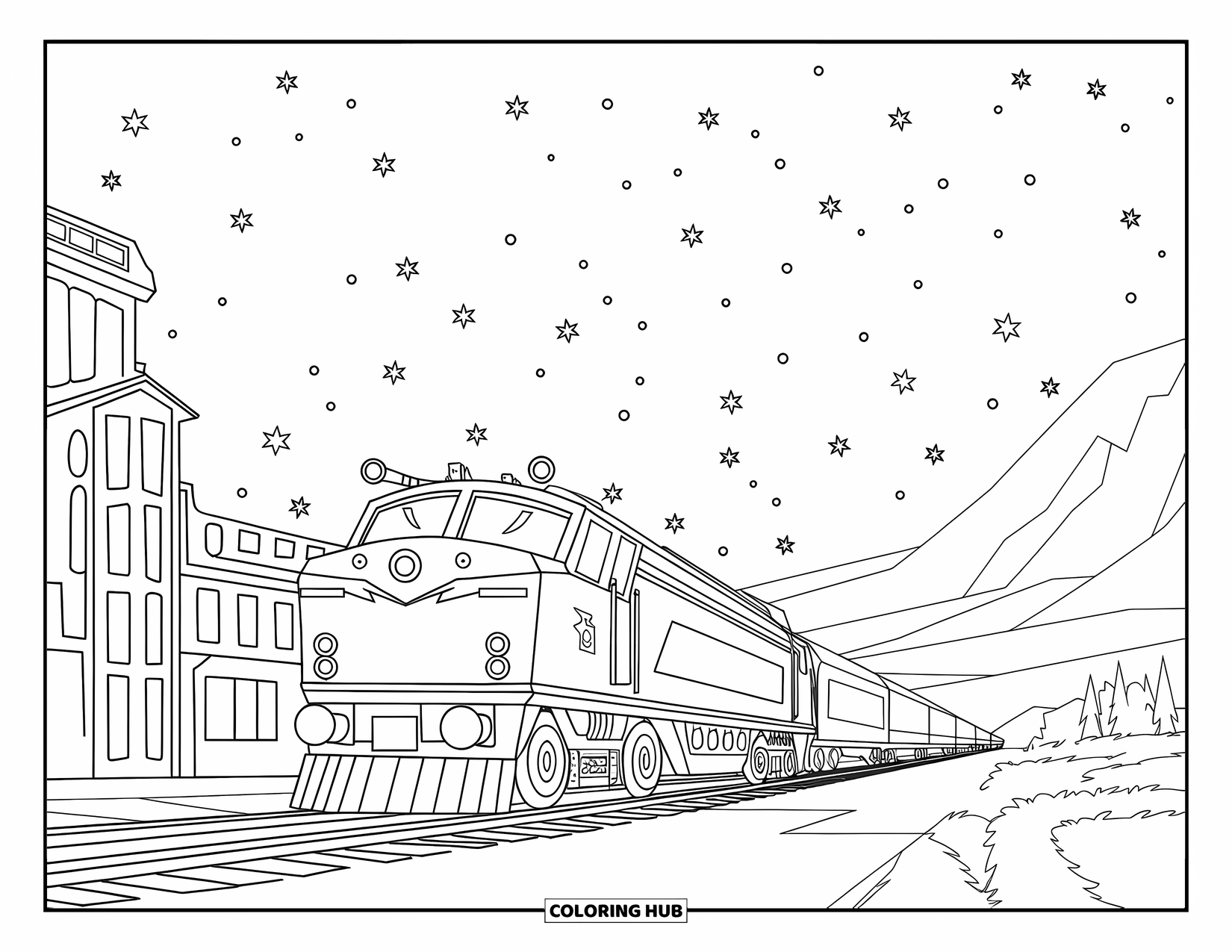 Freight Train Coloring Page for Kids: Freight train rolls under starry night with glowing track lamps
