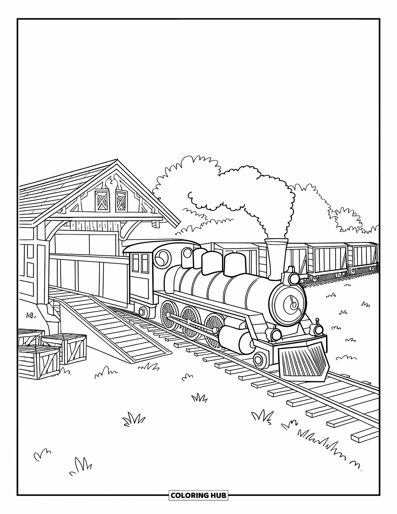 Freight Train Coloring Page for Kids: Freight train waits at small station with ramp and crates