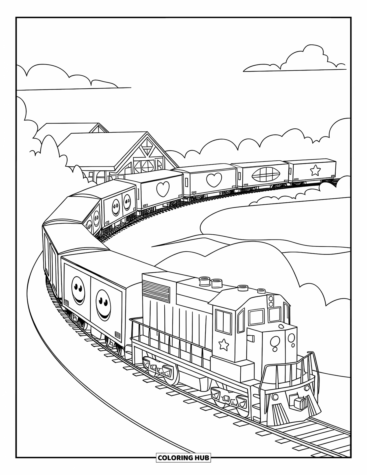 Freight Train Coloring Page for Kids: Freight train with fun cars curves near a pointy-roof building