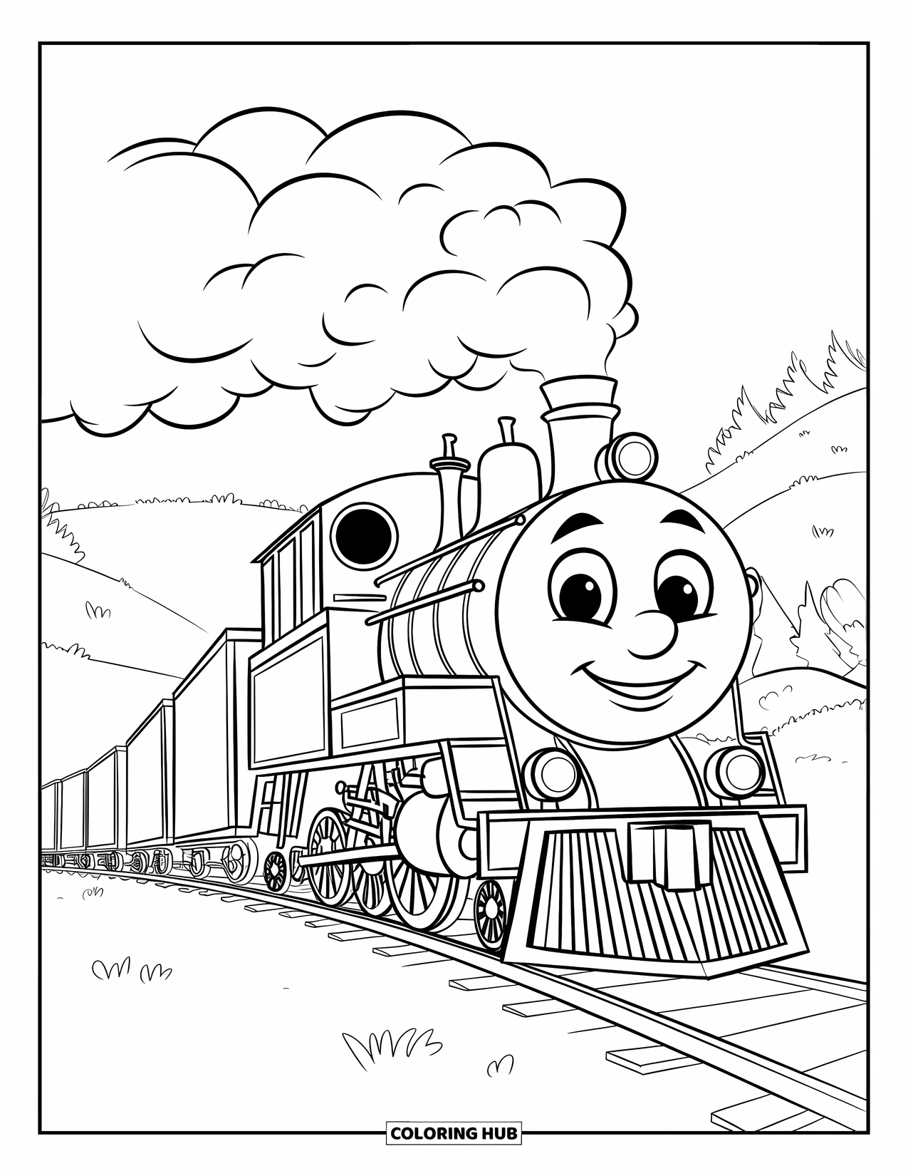 Freight Train Coloring Page for Kids: Happy freight train steams across hills and trees with cars behind
