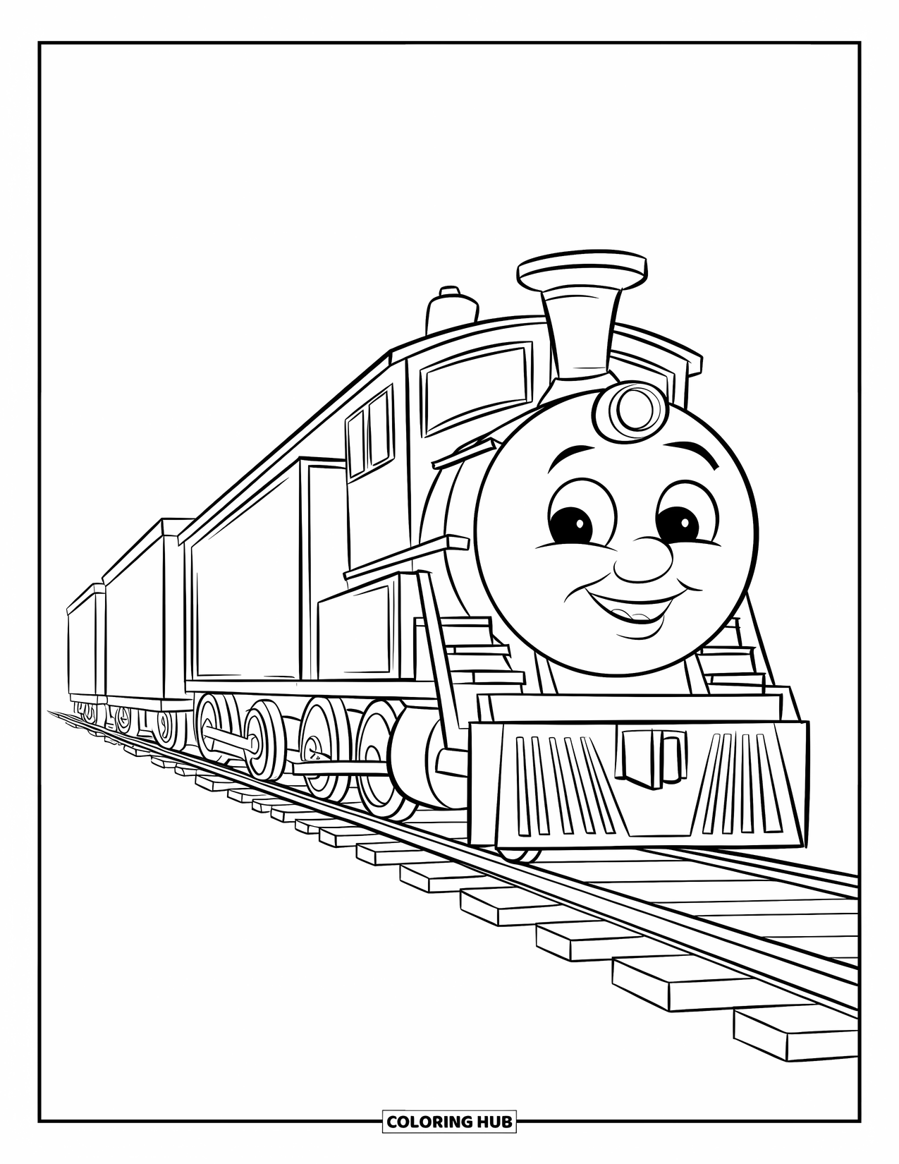 Freight Train Coloring Page for Kids: Large train with three boxcars chugs ahead on a plain white track