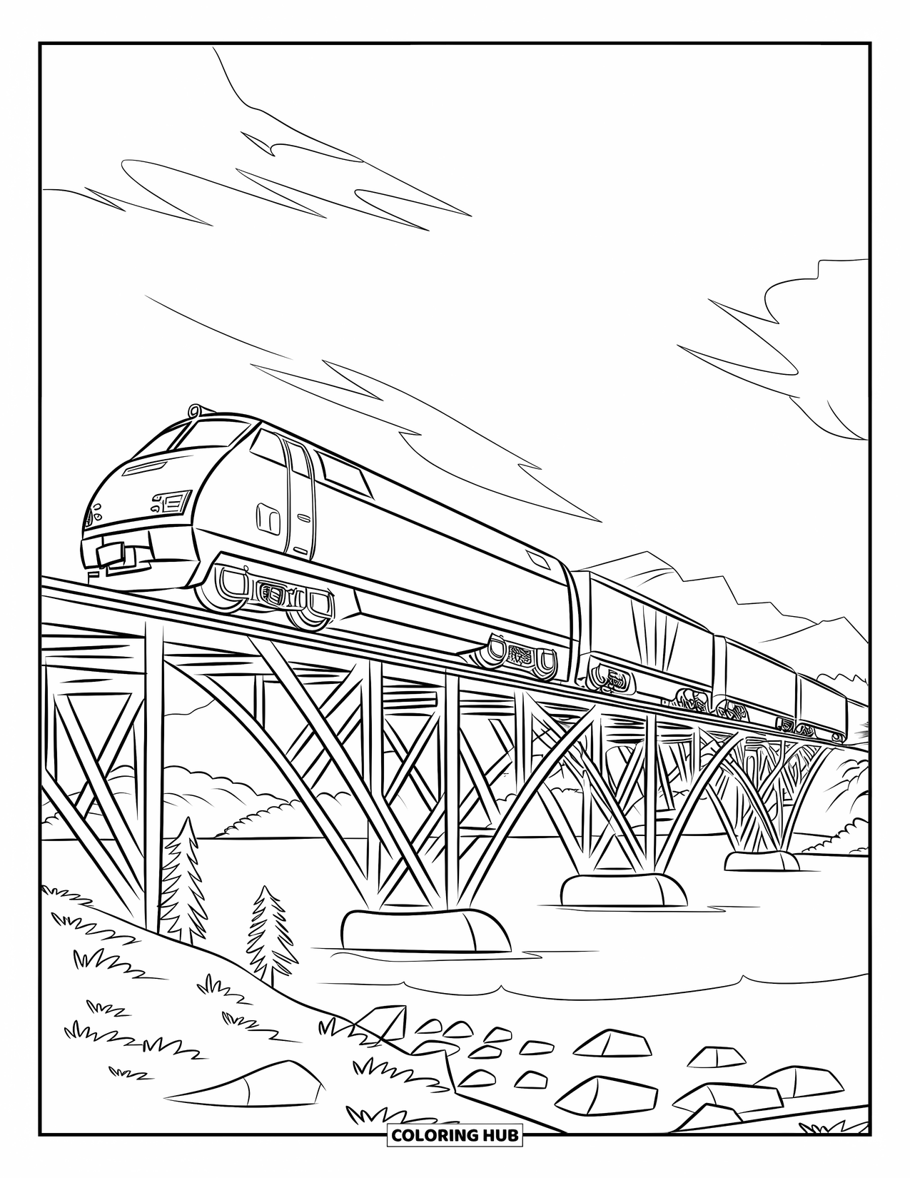 Freight Train Coloring Page for Kids: Modern freight train crosses steel bridge above rocky river
