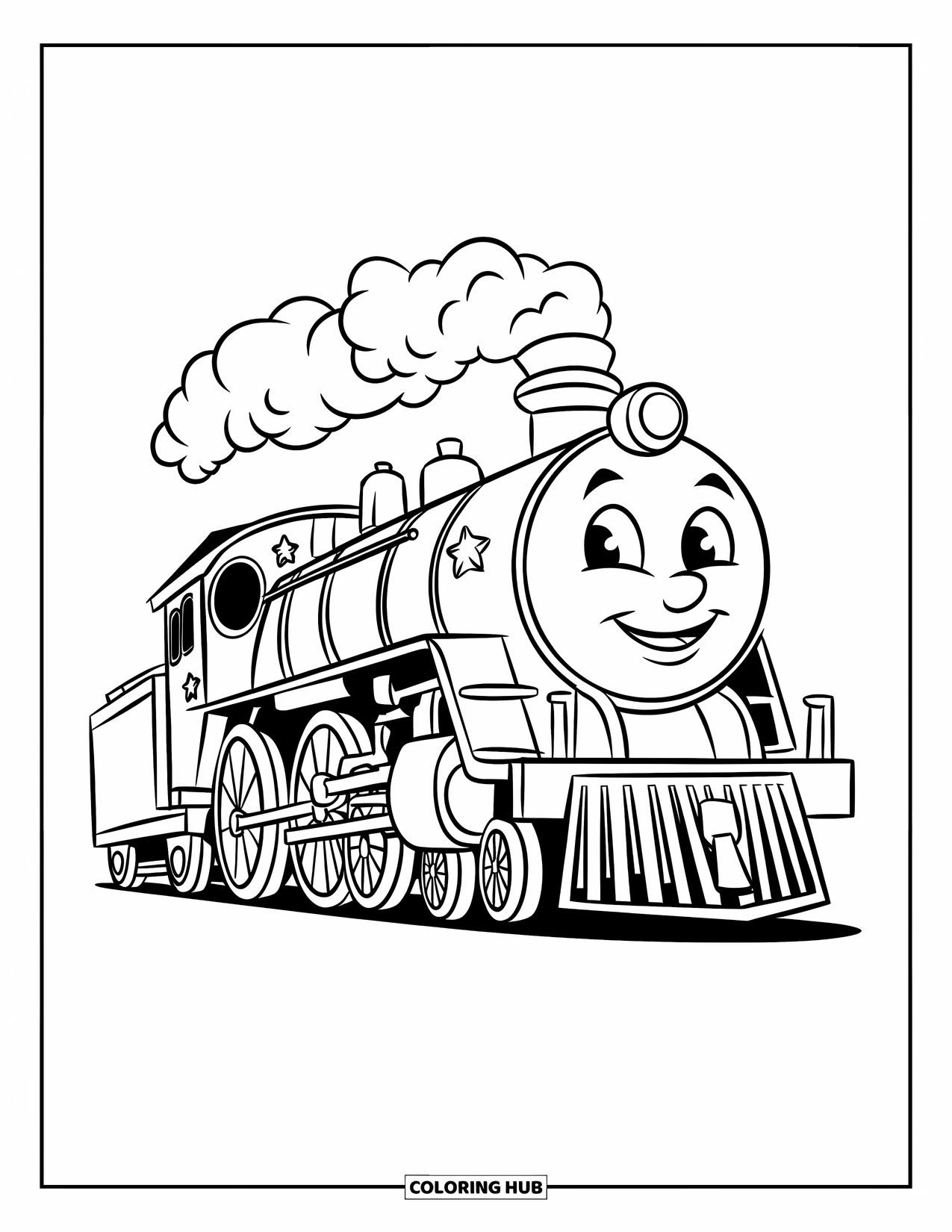 Freight Train Coloring Page for Kids: Smiley engine with stars on its front and big wheels on each side