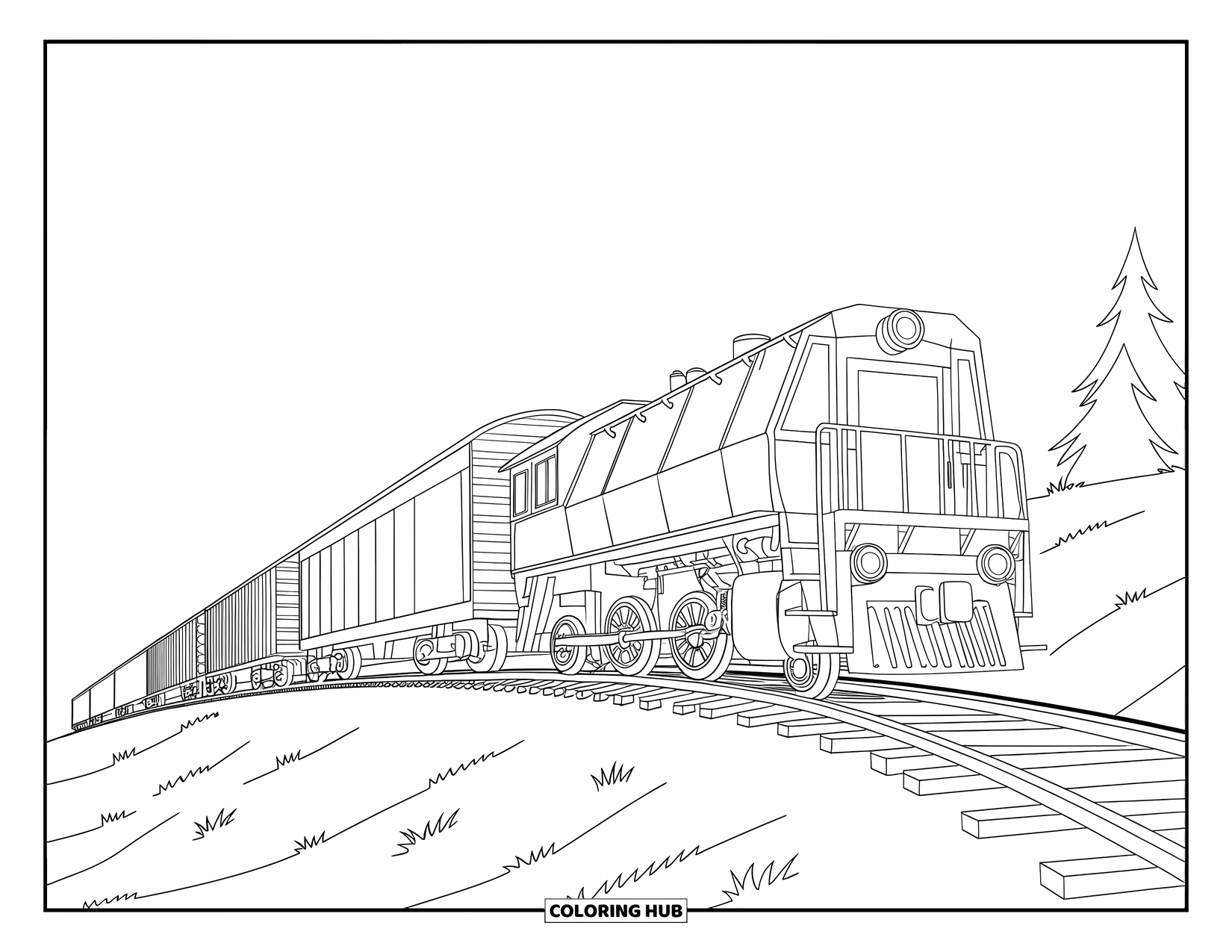 Freight Train Coloring Page for Kids: Steam freight train with one boxcar moves past a grassy hill with trees