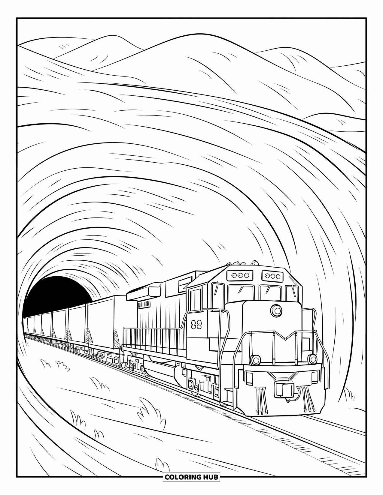 Freight Train Coloring Page for Kids: Train comes out of a textured tunnel into a vast landscape