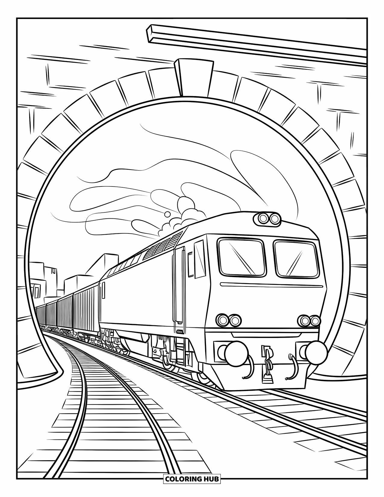Freight Train Coloring Page for Kids: Train emerges from tunnel toward a small station and buildings