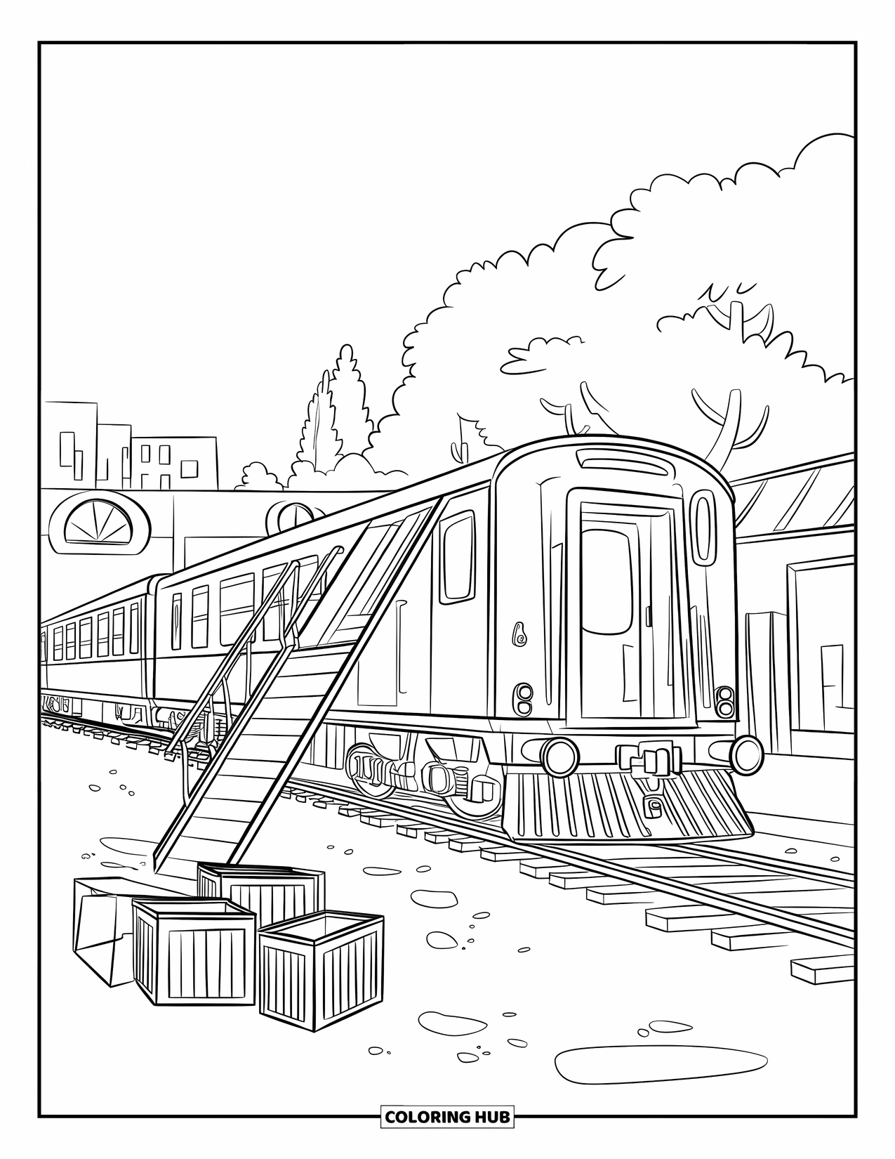 Freight Train Coloring Page for Kids: Train parked near station with crates and loading ramp