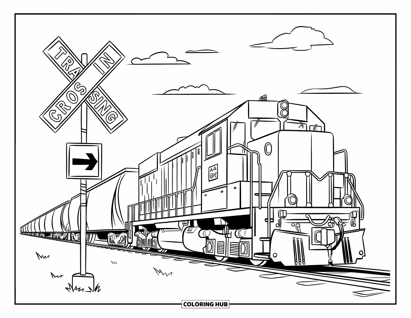 Freight Train Coloring Page for Kids: Train rests near a sign that says "Train Crossing" with an arrow