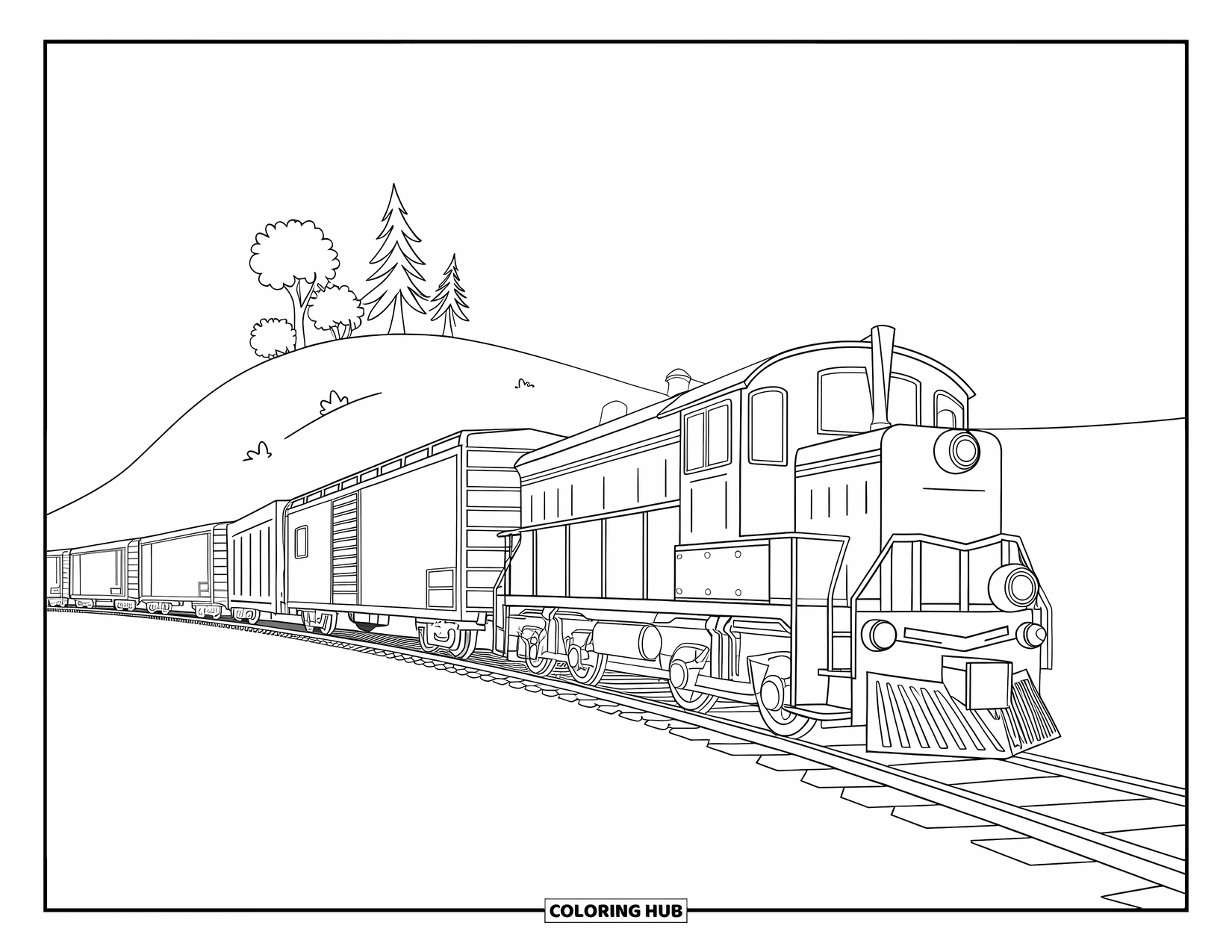 Freight Train Coloring Page for Kids: Train with a boxcar and caboose travels beside a tiny hill and trees